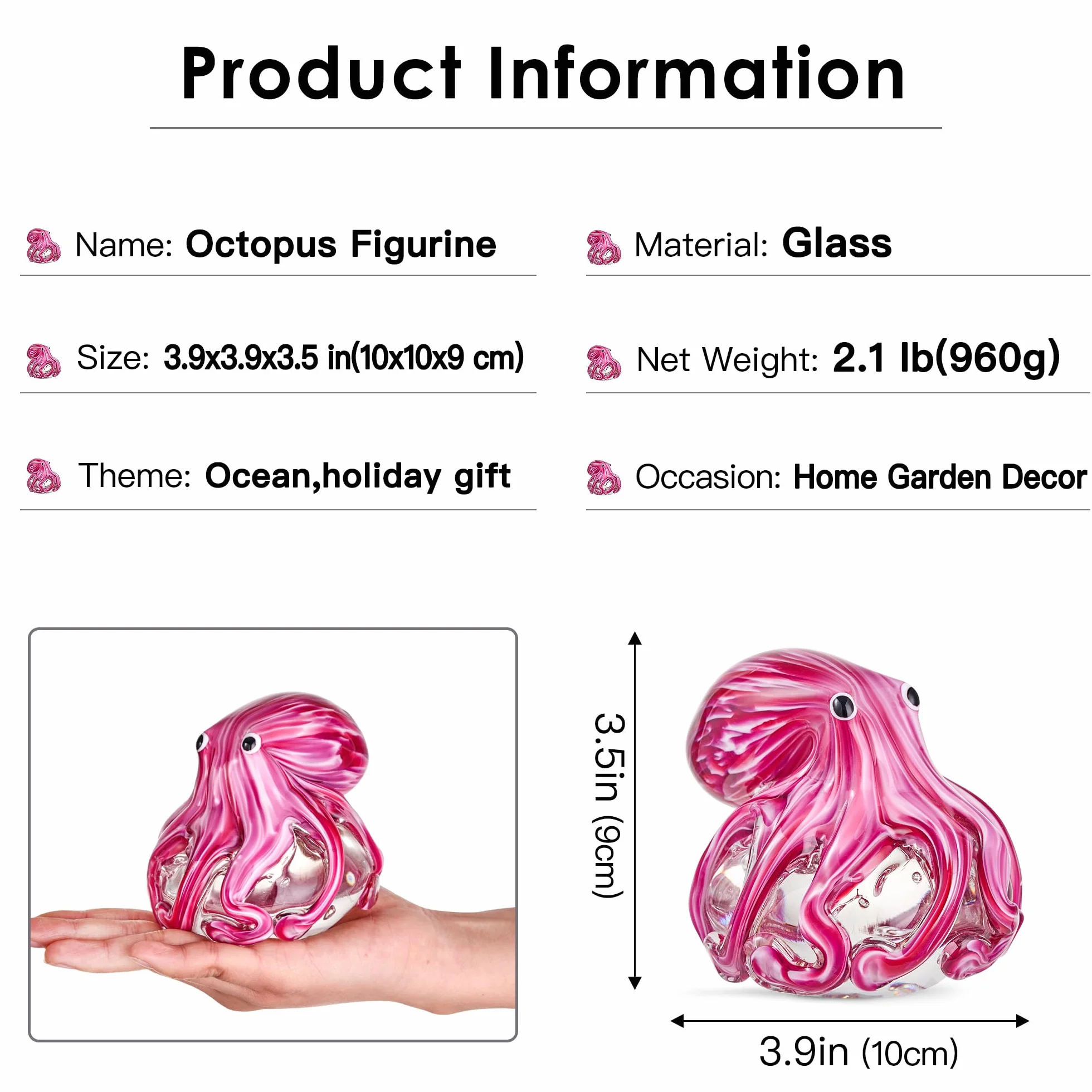 EUSTUMA Figura Decorativa de Pulpo de Vidrio Soplado a Mano, Adorno de Animales Marinos para Acuario, Regalo de Cumpleaños, Pisapapeles de Cristal