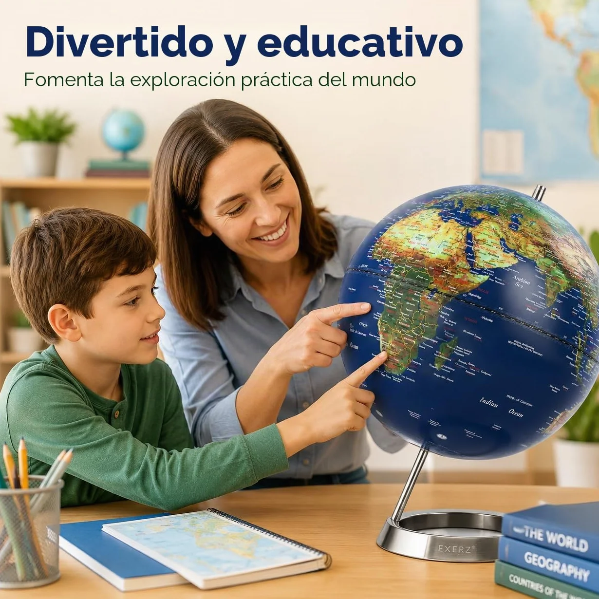 Exerz 25cm Globo Terráqueo - en Inglés - Decoración de escritorio educativa/geográfica/moderna - Con una base de metal (25cm Azúl Marino)