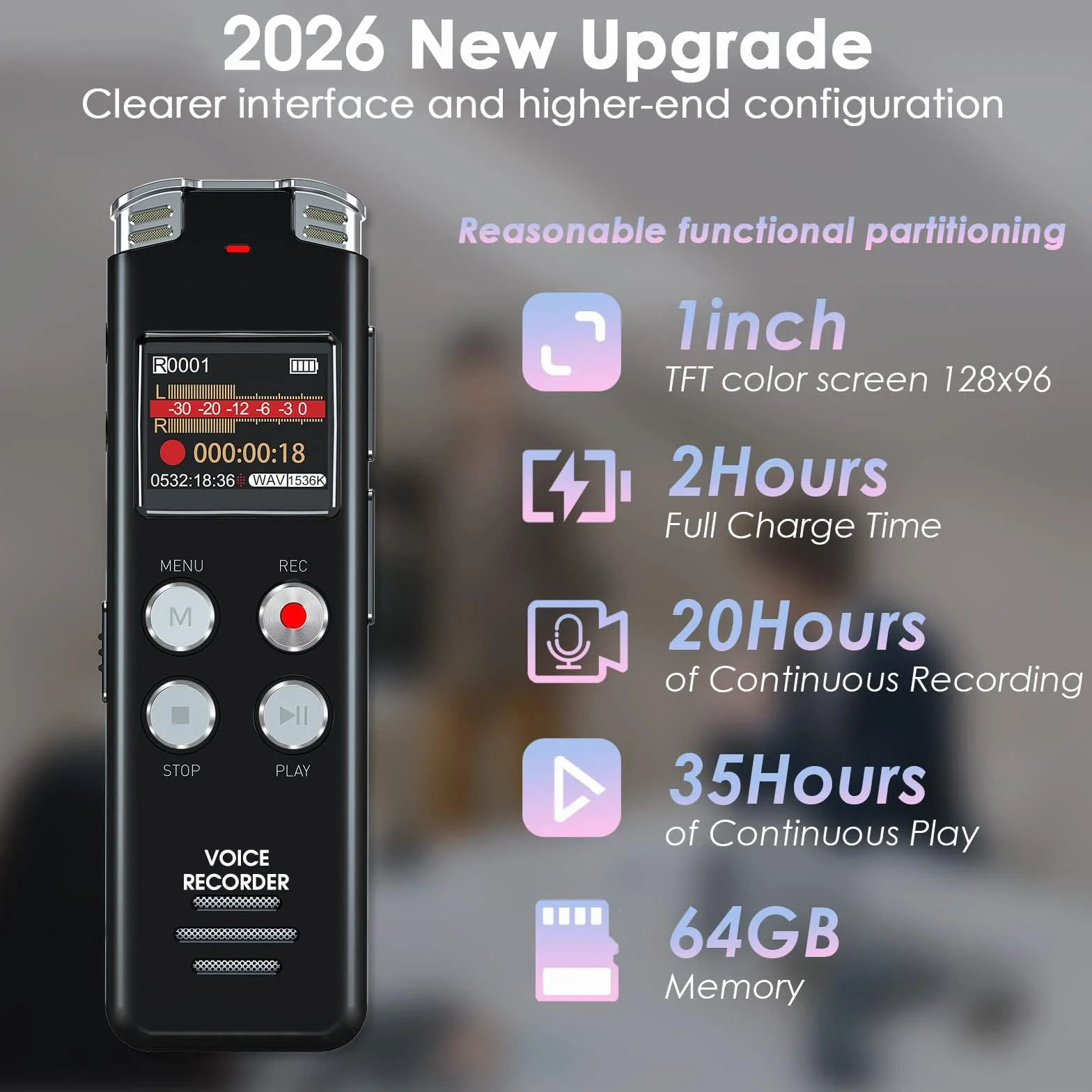 EVISTR Grabadora de Voz Digital 64GB con Activación por Voz y Reproducción MP3