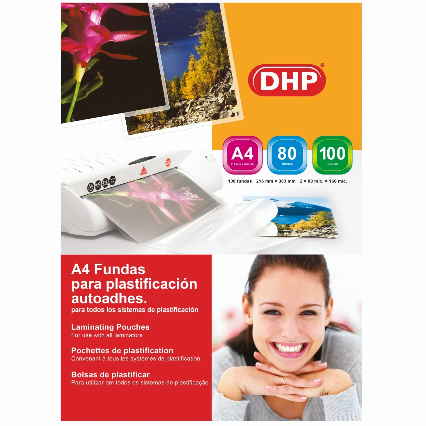 Fundas de Plastificar DHP - Formato A4 autoadhesivas, 80 micras, Brillo, Caja 100 unidades