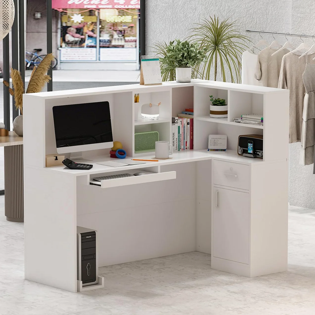 Mesa de Oficina con Bandeja para Ordenador, 80 x 140 x 120 cm, Blanco, MDF