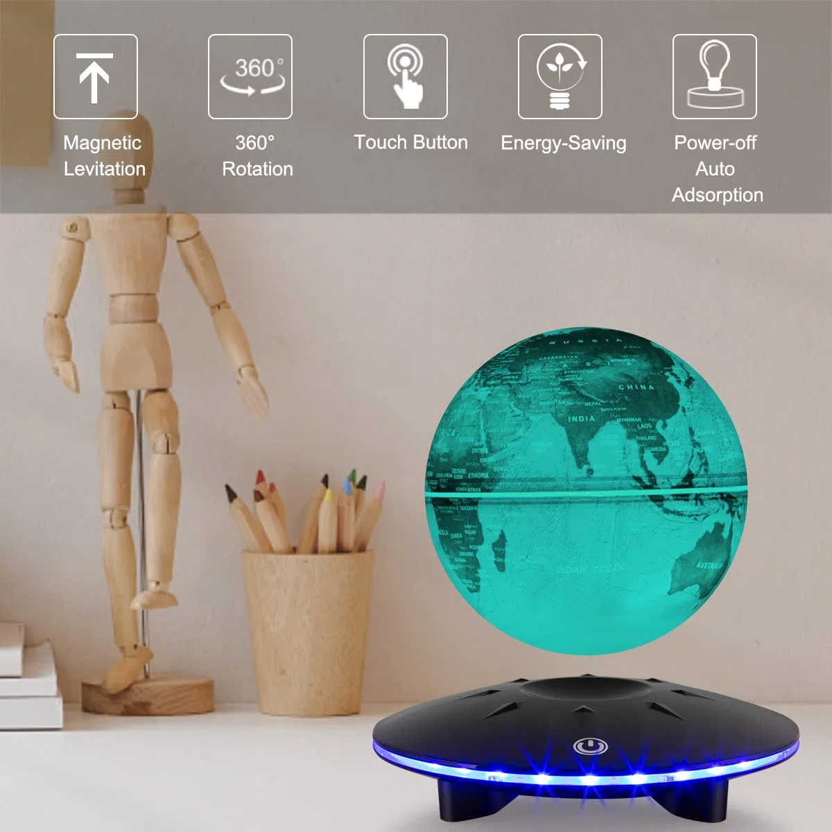 Globo de levitación Bolas de levitación magnética Rotación automática Cambio multicolor LED Mapa del mundo flotante para habitación Escritorio de oficina Luces nocturnas Regalo educativo para niños