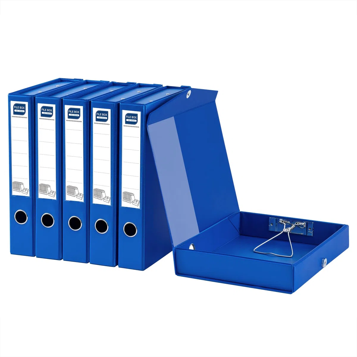 Cajas de almacenamiento para archivos, 6 unidades, cajas de plástico con tapa, lomo de 50 mm, cajas de archivo con clip, color azul