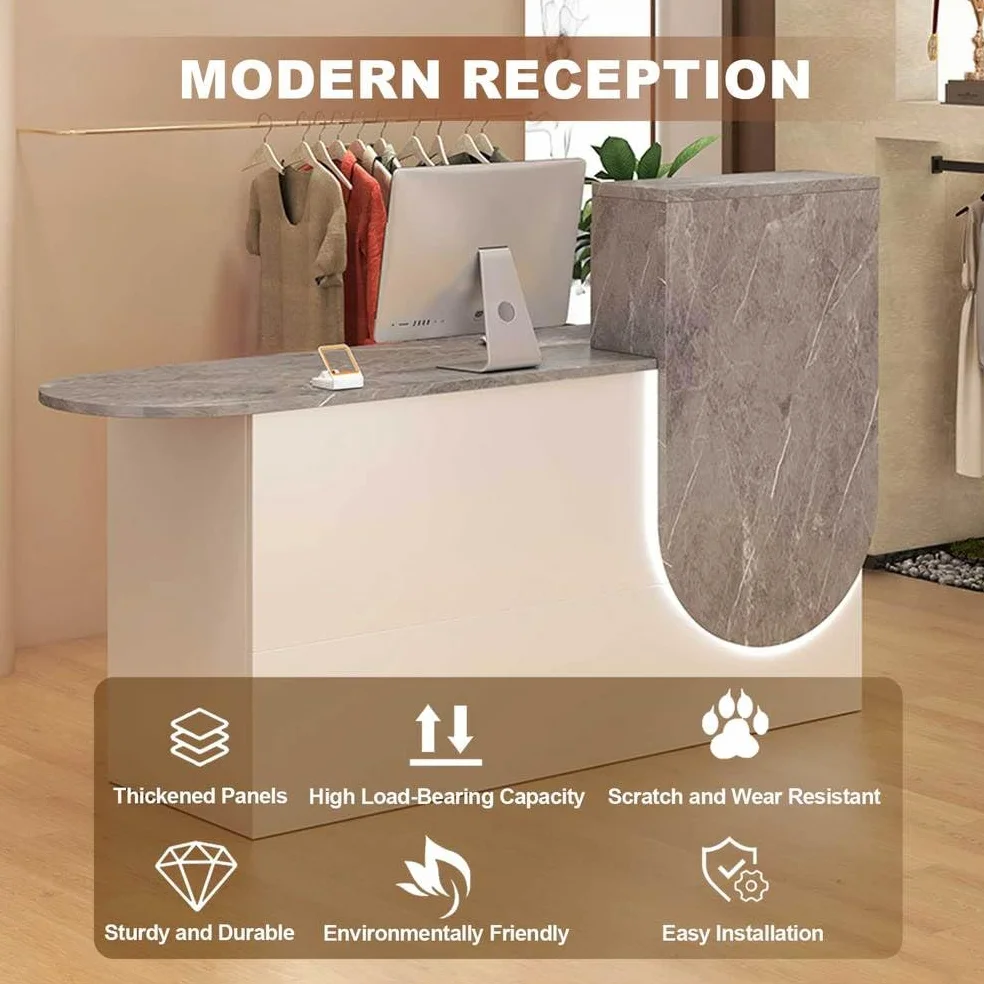 Mostrador de Recepción con Cajones & Cerradura y luz LED, Moderno Mostrador de Recepción, con Bandeja para Teclado y Armario de Almacenamiento para Caja, Vestíbulo, Oficina,Grey 2,120x45x100cm