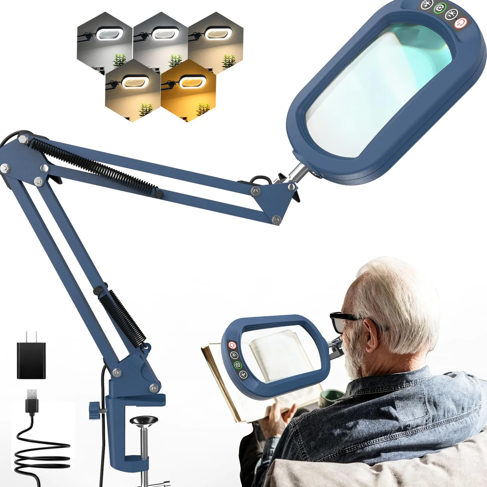 Lupa 10X con luz y abrazadera, cristal auténtico soporte de iluminación, 5 modos de color y regulable sin niveles, lámpara de escritorio LED manos libres para manualidades, aficiones, lectura, pintura