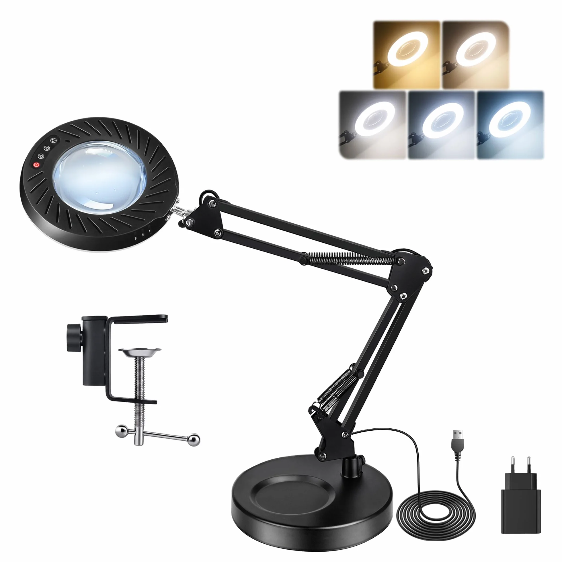 12X Lupa con Luz y Soporte & Brazos Articulados, Adaptador 2A incluido, 5 Modos de Color 9 Brillo, Lupa de Trabajo Luz LED para Trabajos de Precision Modelismo Pintura de Miniaturas Lectura, Negro
