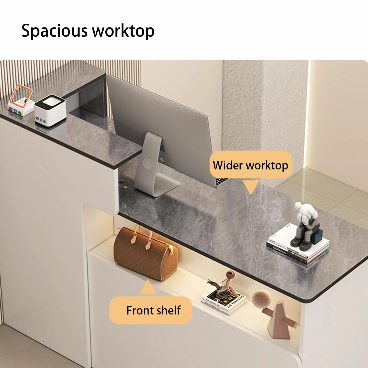 Mostrador de recepción Moderno con cajones con cerradura y vitrina iluminada 120cm Blanco