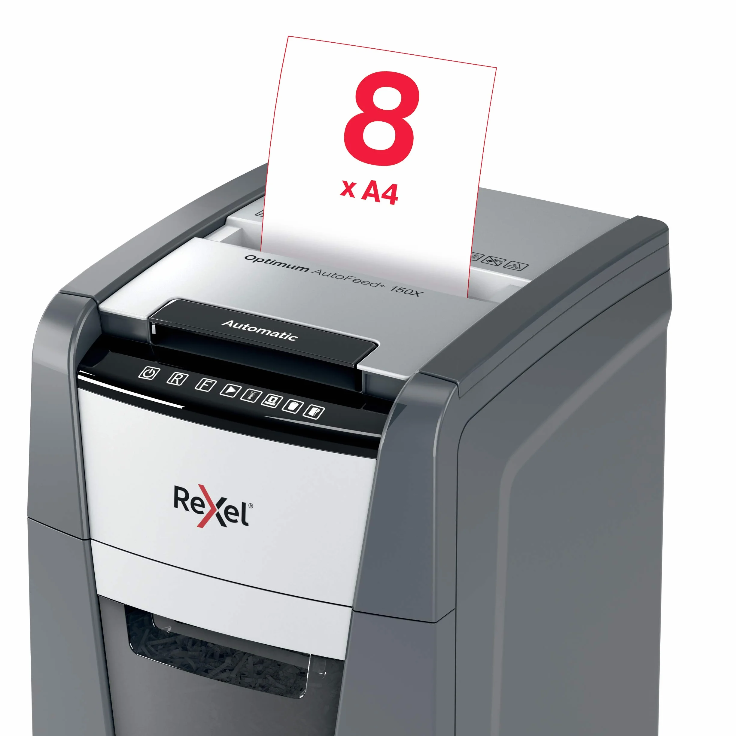 Rexel 2020150XEU - Destructora de Papel Automática Optimum AutoFeed 150X, Corte en Partículas P-4 (4x28 mm), 150 Hojas A4, Papelera Extraíble 44L, Destruye Grapas y Clips, Uso en Oficina