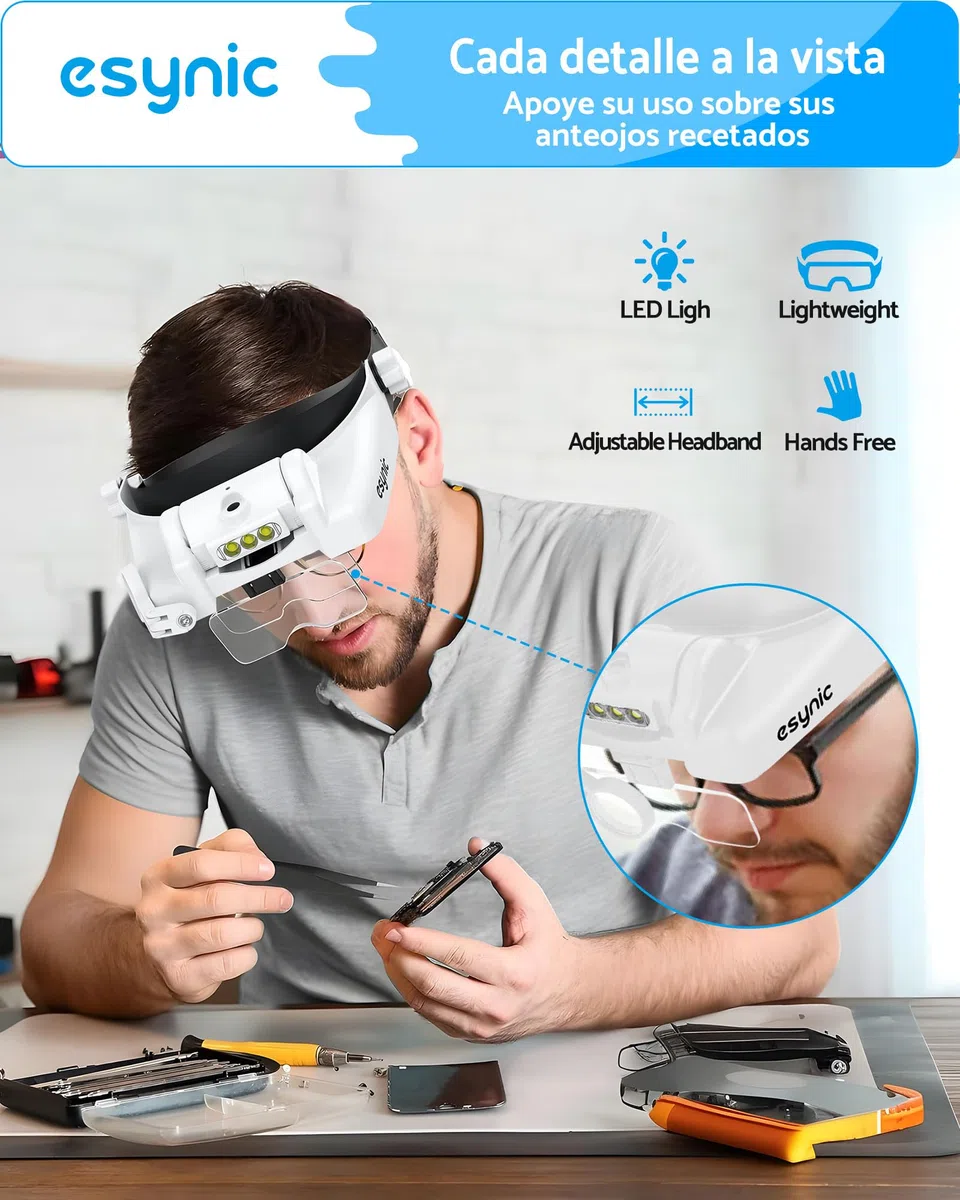 eSynic Gafas de Lupa Recargable con 3 LED, Lupa de Gran Aumento 1X a 14X con Ajuste de Brillo y 5 Lentes Desmontables (1.0X,1.5X,2.0X,2.5X,3.5X) para Manualidades,Leer,Coser,Reparación