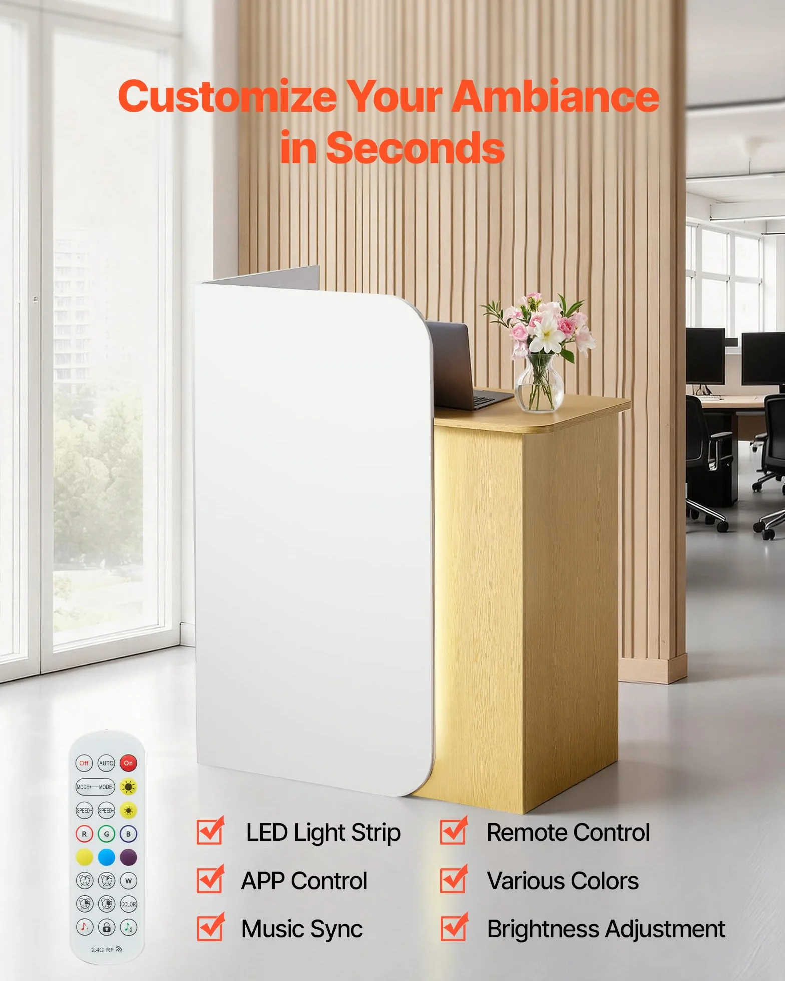 VEVOR Mostrador de Recepción 80 x 45 x 100 cm Mesa con Luz LED y 2 Cajones