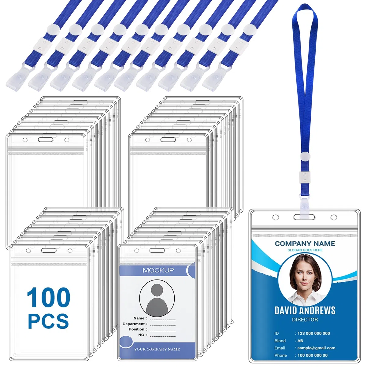 100 Piezas Porta Tarjetas Identificativas A6, 11 x 16 cm, con Cordón y Hebilla Ajustable, Impermeable, Transparente de PVC para Tarjetas Identificativas Vertical, para Oficina Estudiante Exposición