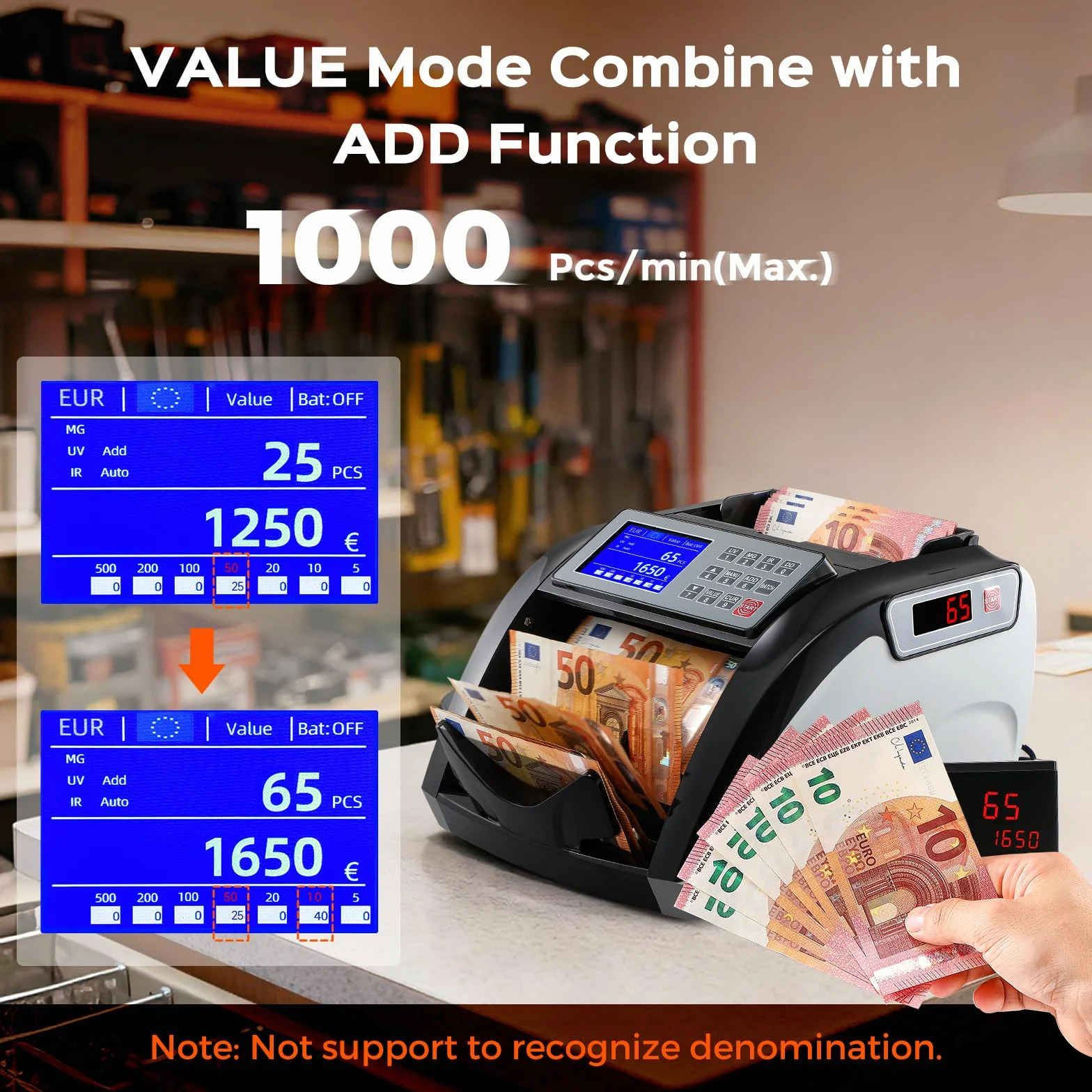 Bonvoisin Contador de Billetes, Contadora de Valor para Billetes de Clasificados, Detección de UV/MG/IR, 1000 Pcs/min, Maquina Contar de Billetes con Pantalla táctil (No cuenta Montos Mixtos)