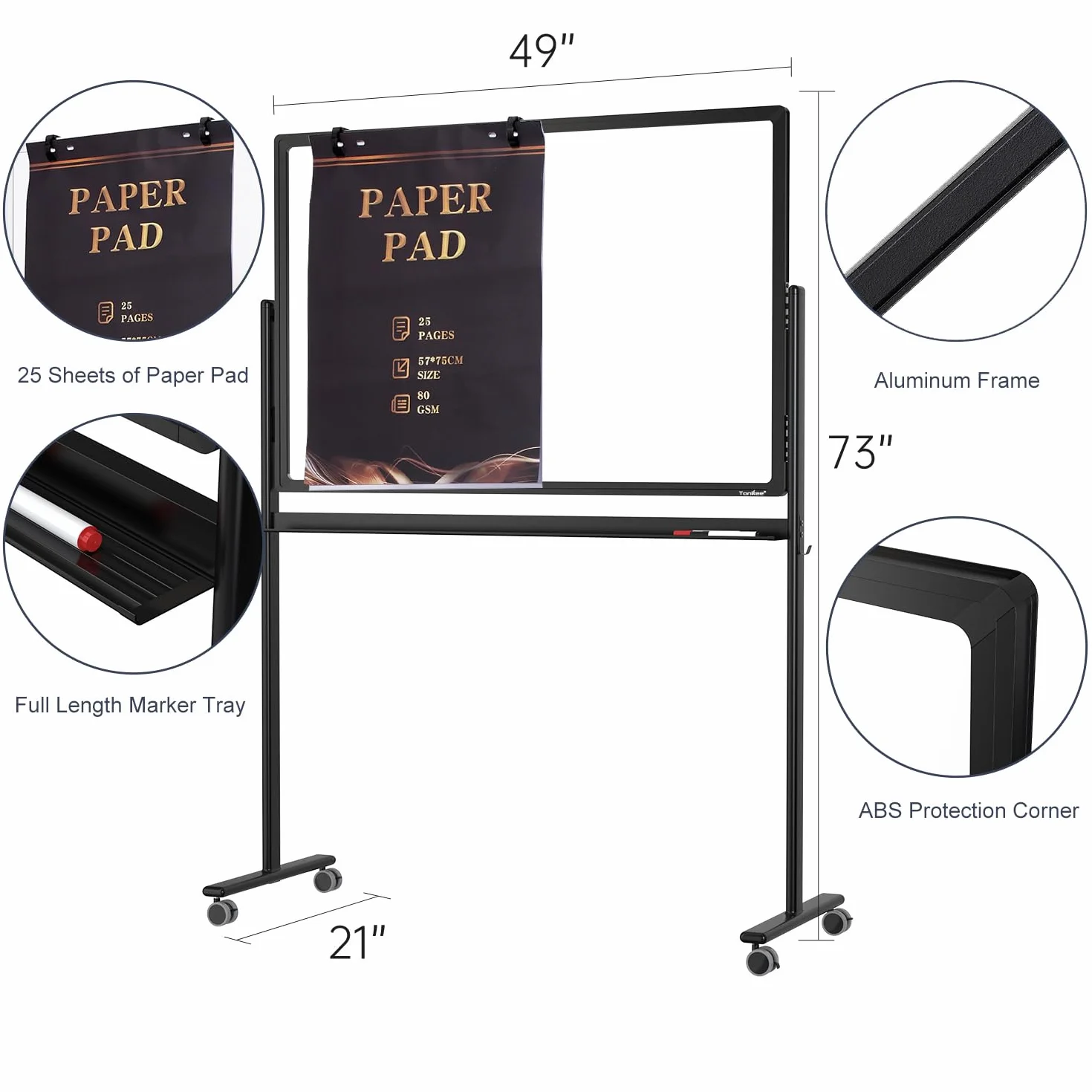 TANKEE - Pizarra blanca móvil de vidrio transparente sobre ruedas, pizarra de borrado en seco de 48 x 32 pulgadas con soporte, pizarra blanca rodante grande con 25 hojas de papel de papel, tablero de