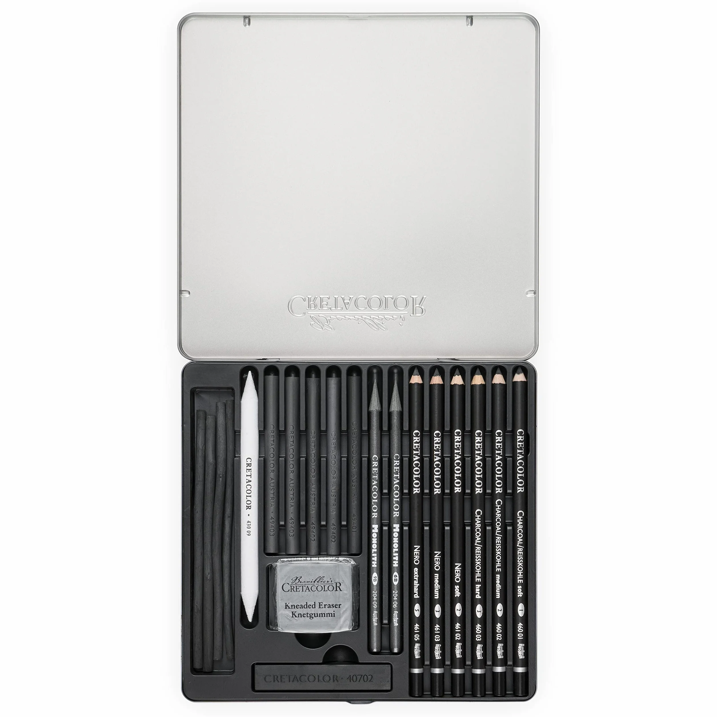 CRETACOLOR Black Box charcoal set de 20 piezas carboncillo y materiales de dibujo con goma de papel y goma amasada