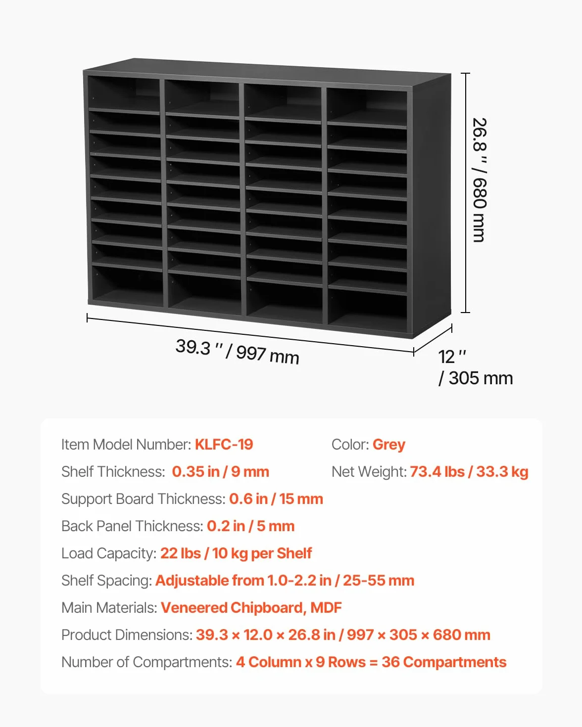 VEVOR Organizador de Literatura 997x305x680 mm 36 Compartimentos Estantes Ajustables Gris
