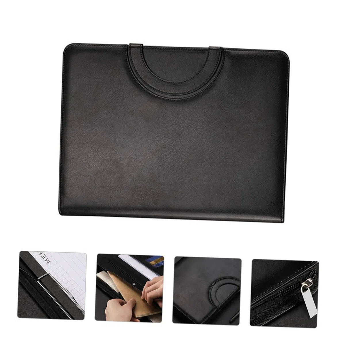 Carpeta de Negocios A4 con Cremallera, Pu Negro Elegante | Incluye Cuaderno A4, Varios Compartimentos, Formato Portátil y Acabado de Cuero Sintético