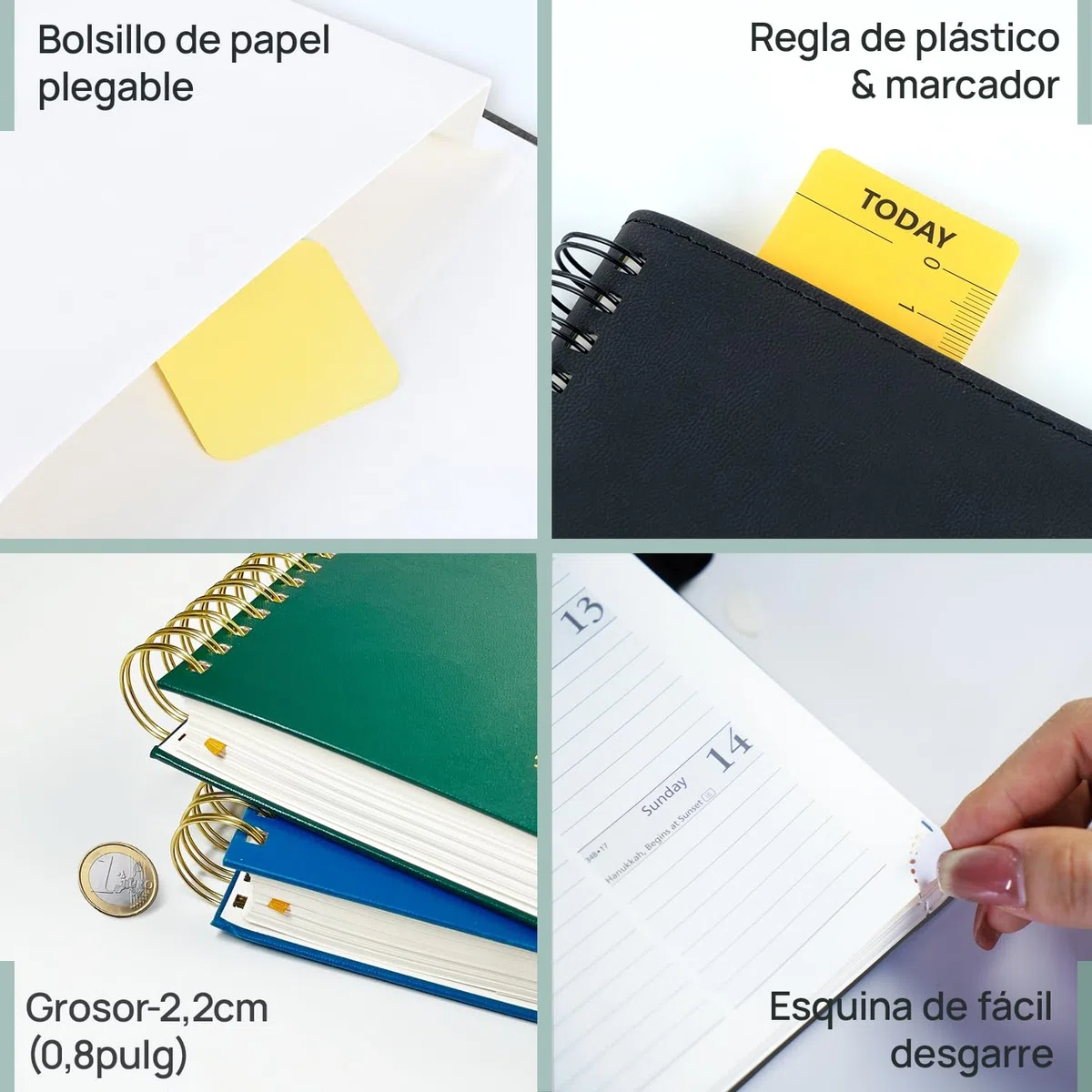 POPRUN Agenda 2026 2027 Dia Por Pagina 21,5 x 14,5 cm, Espiral Diaria 12 Meses de Ago.2026 a Jul.2027, Tapa Dura, Regla de Plásticol, 80 GSM Papel, Borgoña
