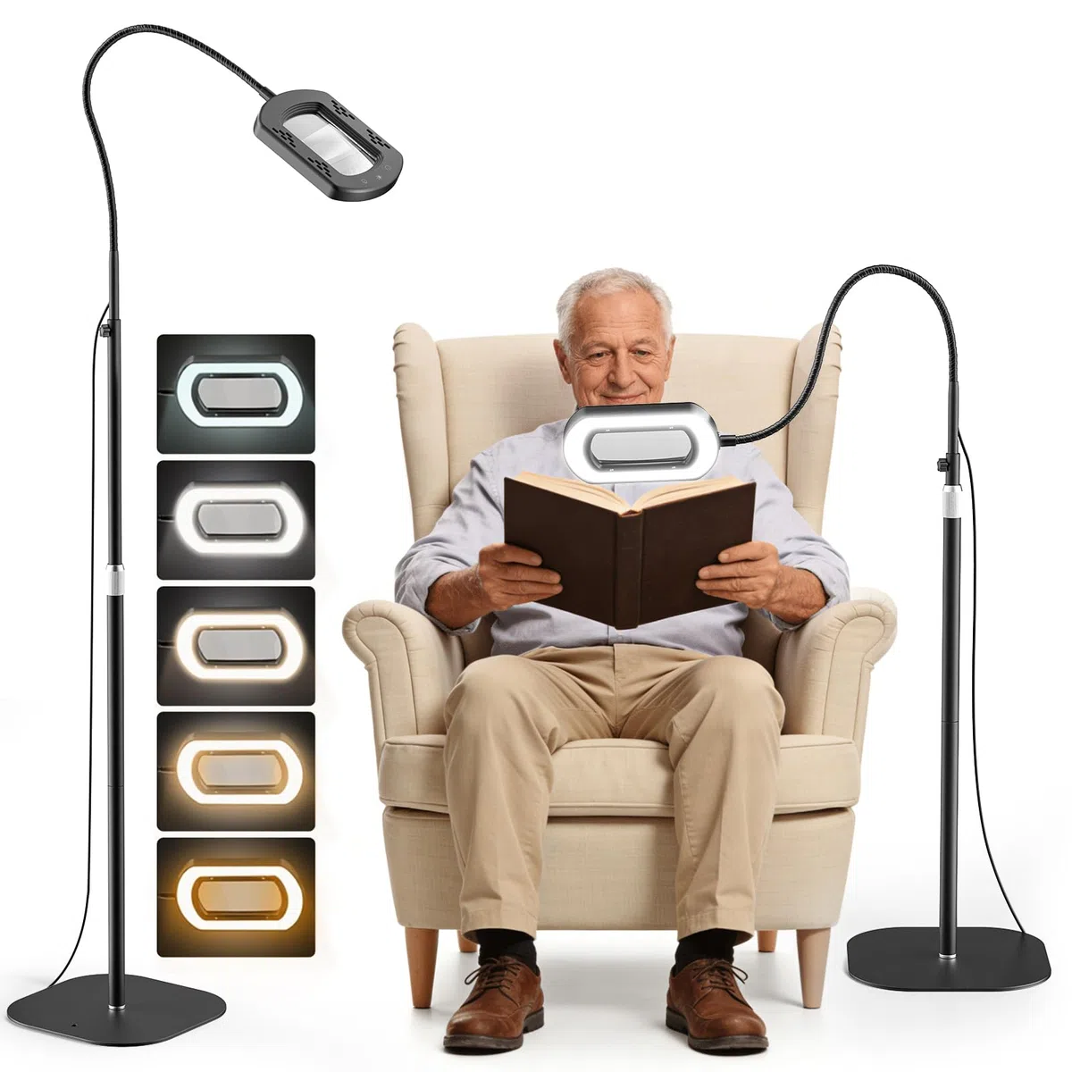 10X Lupa con Luz y Soporte, 3 en 1 Lámpara de Aumento de Piso con 60 LED de Brillo Ajustable, 5 Modos de Color, Lupa Iluminada para Trabajos de Cerca, Costura, Manualidades, Pasatiempos