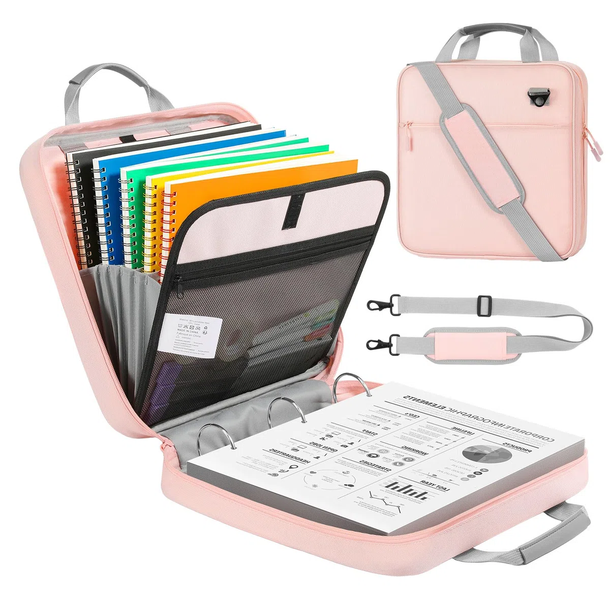 MoKo Carpeta con cremallera, capacidad para 500 hojas, carpeta escolar con cremallera, carpeta de 3 anillos de 2 pulgadas para escuela secundaria, asa y correa para el hombro, rosa y gris | Tejido Oxford 900D repelente al agua con 5 carpetas, 2 bolsillos