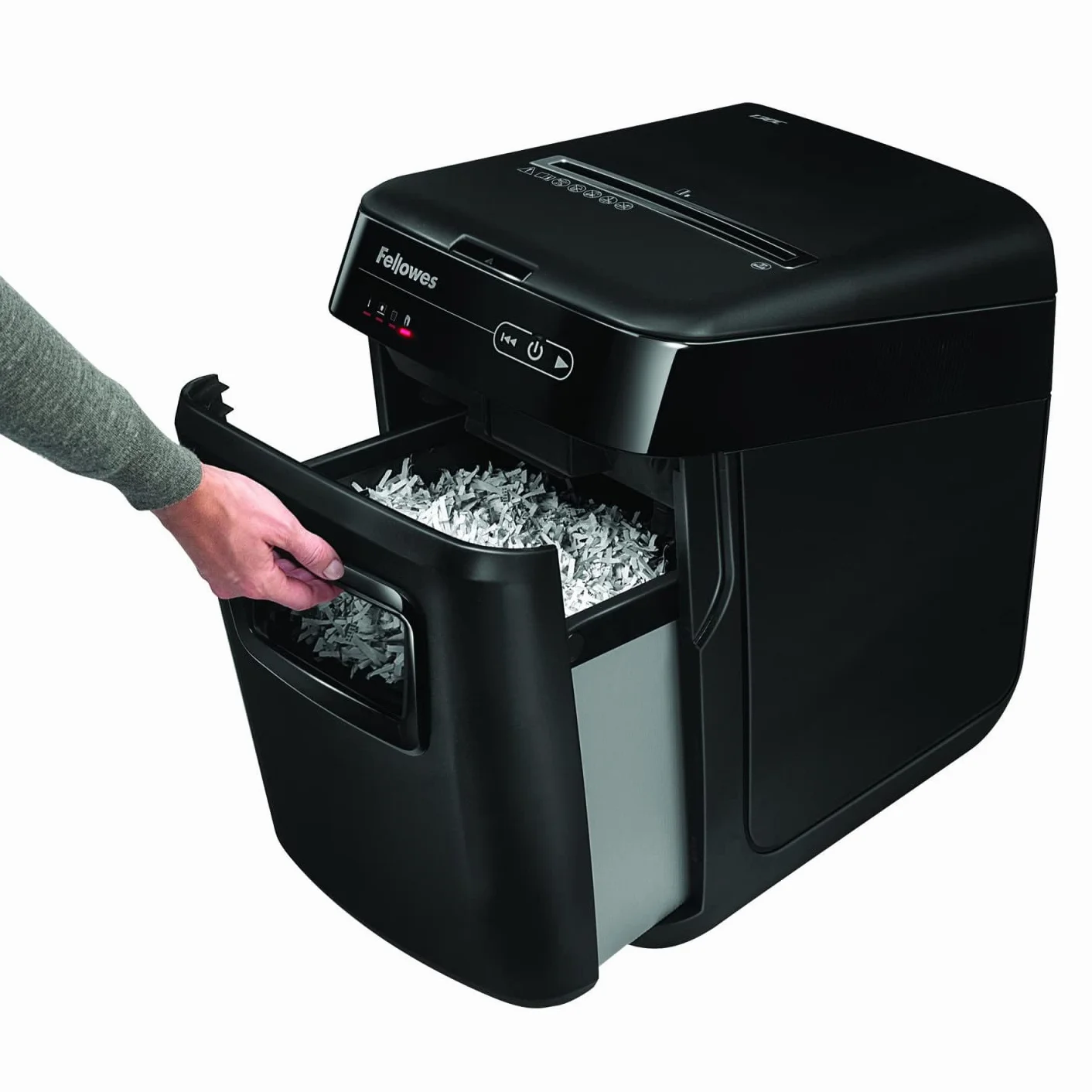 Fellowes AutoMax 150C - Trituradora de Papel híbrida, Corte en partículas (DIN-P4), destruye 150 Hojas de Manera automática y 8 manualmente, trituradora de Papel para Oficina, Papelera 32L, Negra
