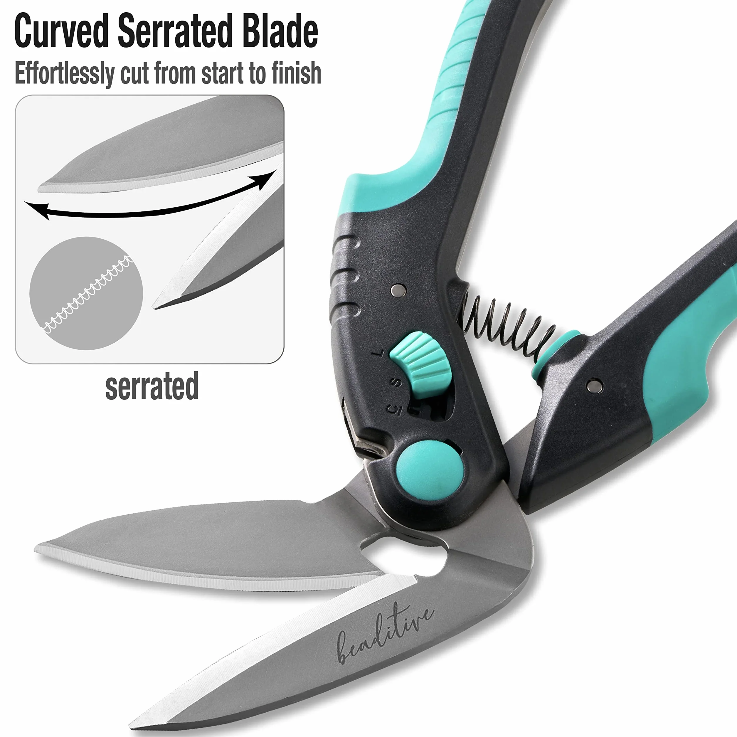 Beaditive - Tijeras curvadas versátiles resistentes 25 cm, acero inoxidable japonés, hoja dentada, tijeras industriales para tejidos gruesos, cuero, cartón, alfombras, césped artificial