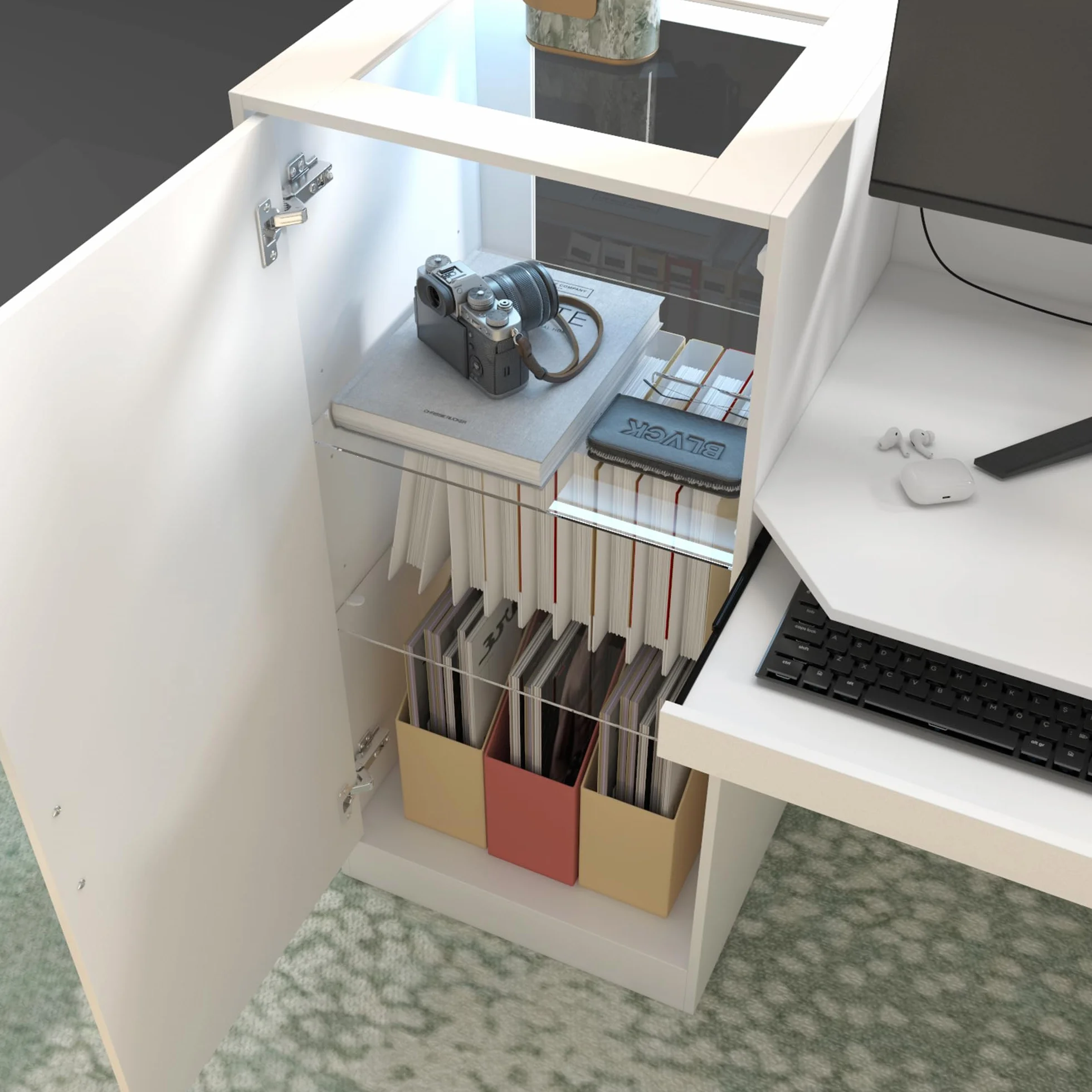 Mesa de recepción blanca con barra de luz, 2 armarios y 1 cajón de teclado, 150 x 52 x 100 cm