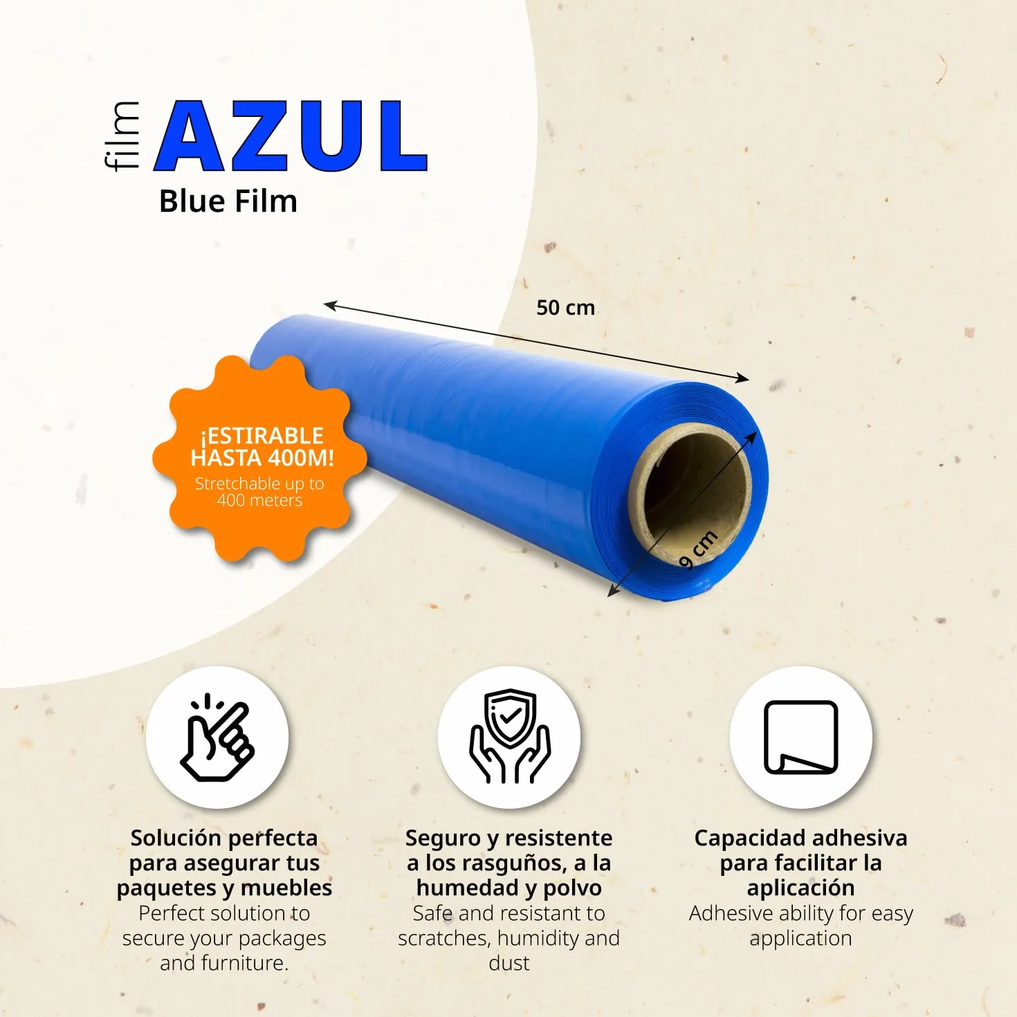 Film de Embalaje Elástico, Film de Plástico Azul para Embalar, Rollo de Plástico Protector de Envíos y Mudanzas, Rollo de 50cm y hasta 400 m Estirables - Ofituria (Azul, 2 unidades)