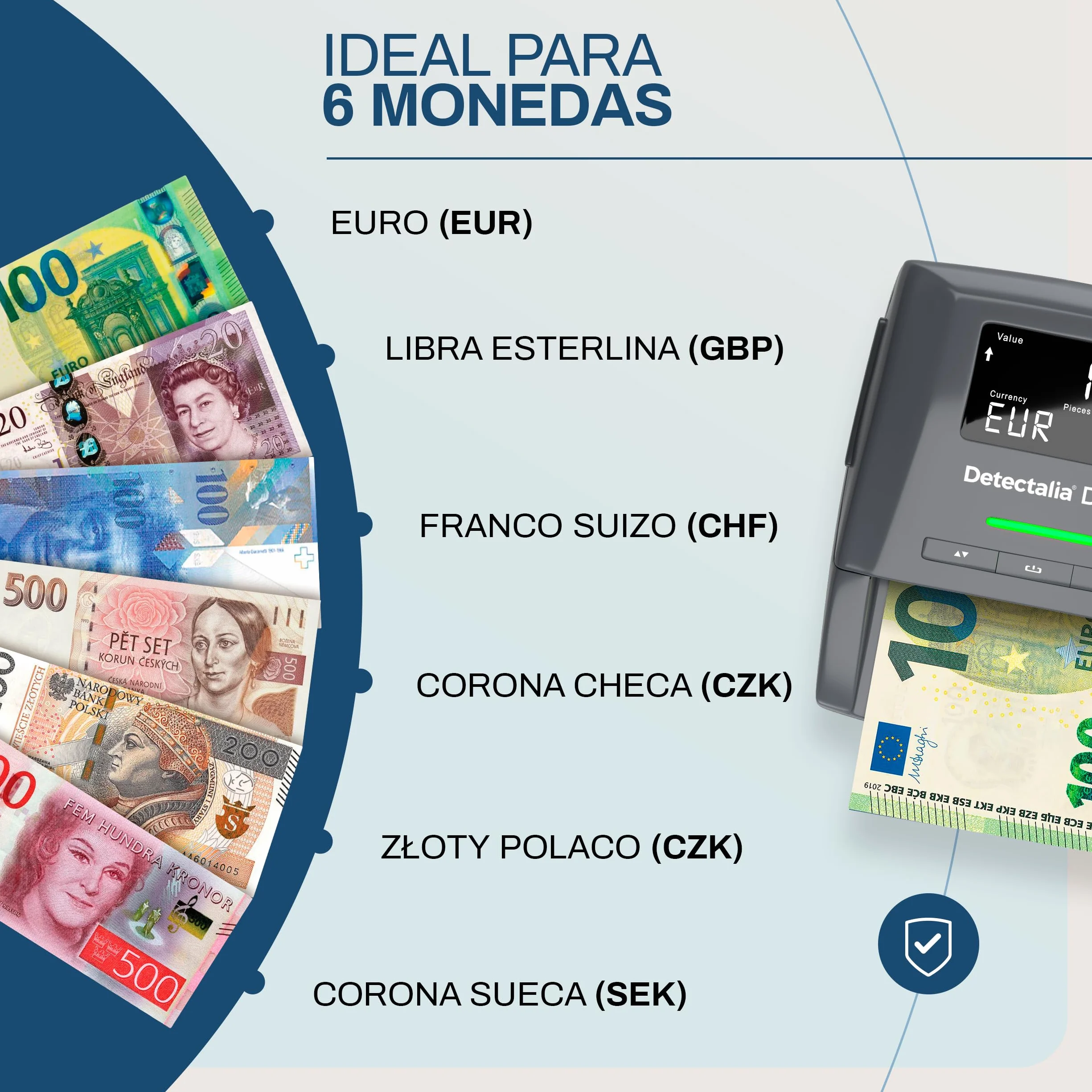 Detectalia D7X - Detector de billetes falsos con 7 sistemas de detección y 100% fiabilidad para 6 divisas EUR, GBP, CHF, PLN, CZK y SEK - 14 x 12 x 6 cm