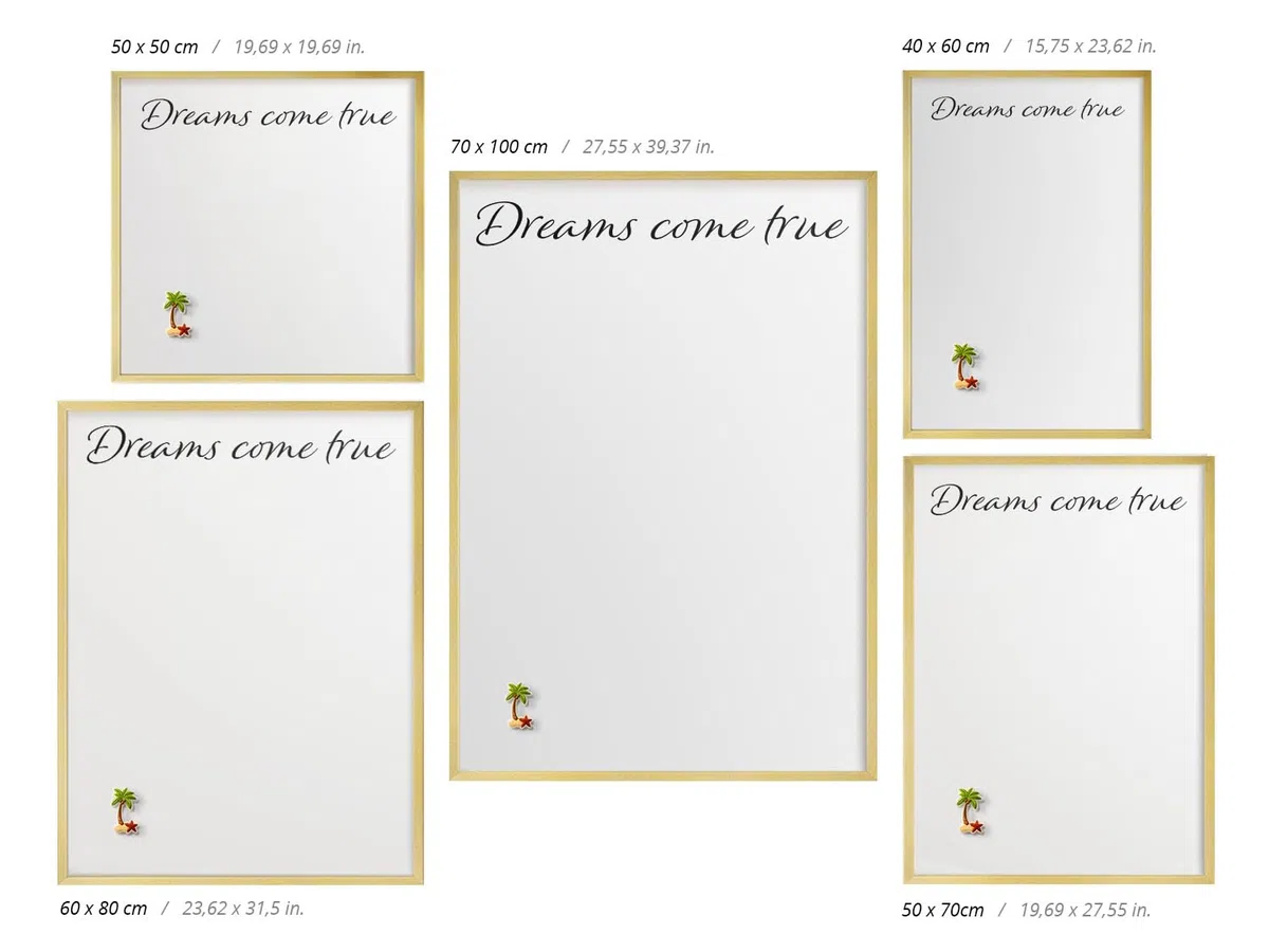 Organizador de Pared 70x100 cm | con Marco Dorado | Dreams Come True | Montaje Fácil | Pizarra Magnética | Para Recuerdos de Viaje | Expositor de Imanes Turísticos y Fotos, Notas | Para Cocina