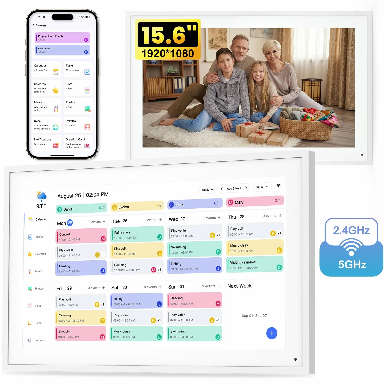 NEWYES Calendario Digital Pared 15,6" - Planificador Semanal Mensual 2026, WiFi Sync Pantalla Táctil Inteligente, para Gestionar TDAH Niños, Comidas, Agendas y Tareas de Aprendizaje