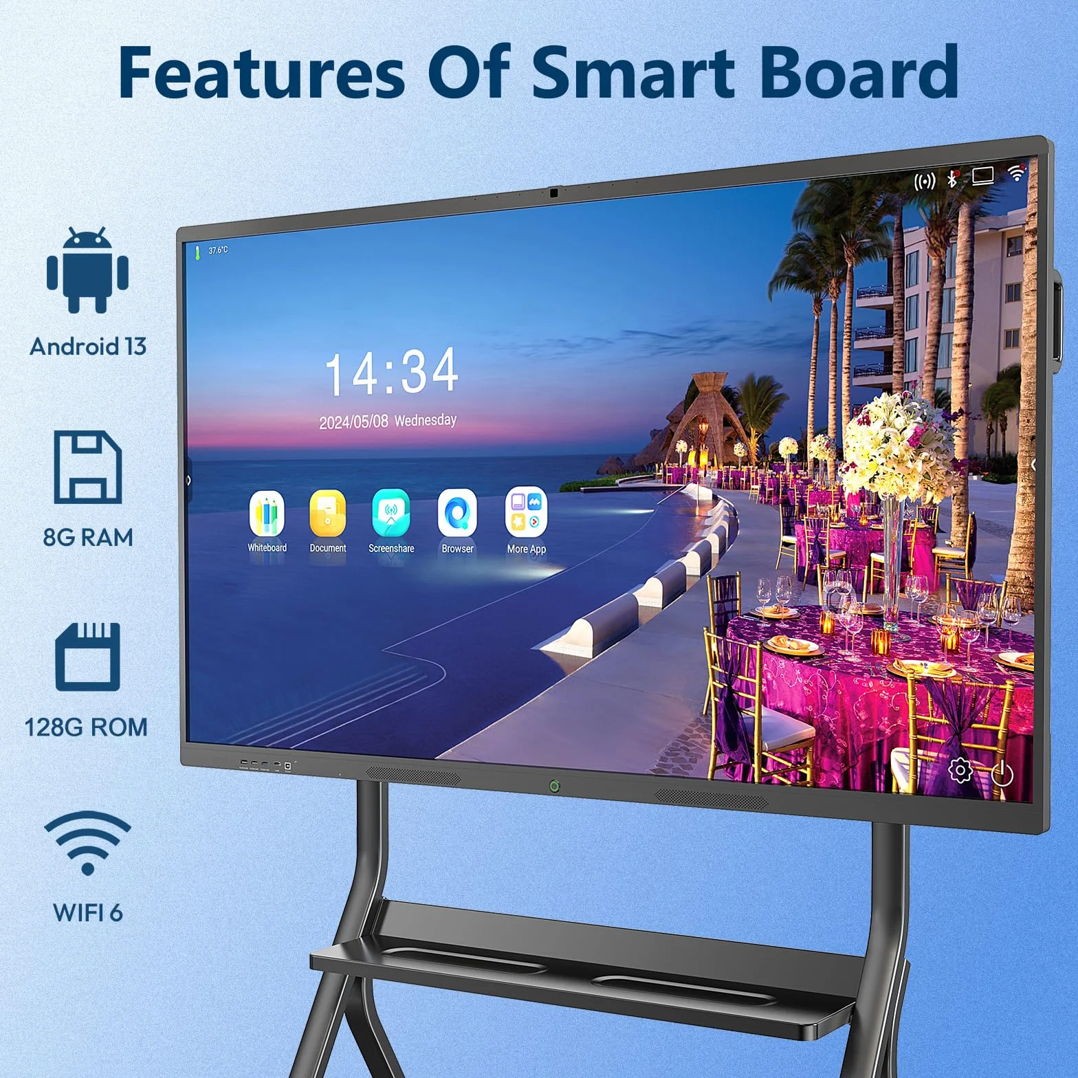 Smartboard 4K Pizarra Digital Interactiva 65 Pulgadas UHD Pantalla Táctil 8GB+128GB WiFi Bluetooth HDMI USB
