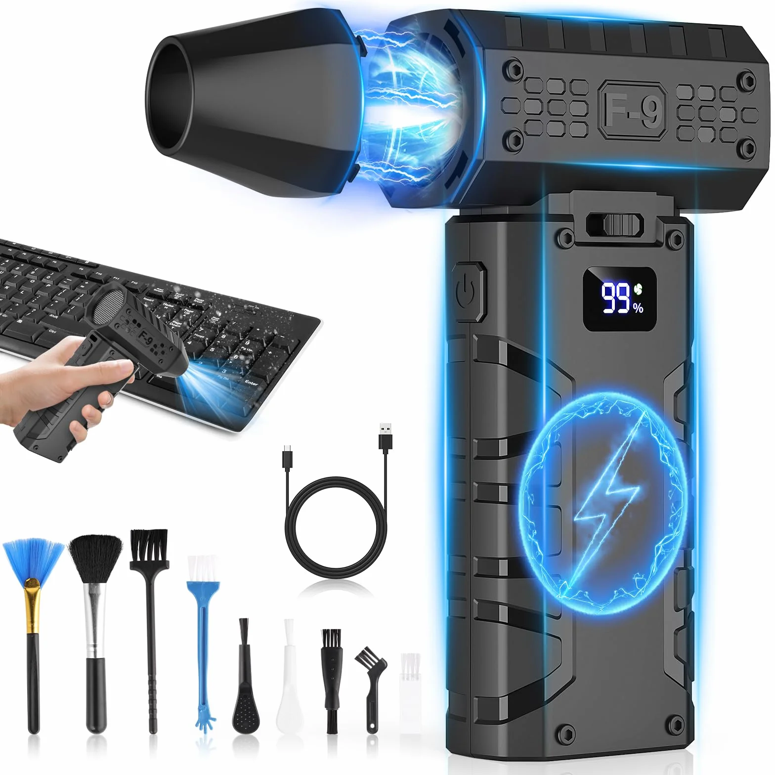 Soplador de Polvo Eléctrico, 110000 RPM, Soplador de Aire Inalámbrico Recargable con Luz LED Y Pantalla HD, Soplador de Aire Para Limpiar Polvo y Cabello en Computadoras, Teclados y Automóviles