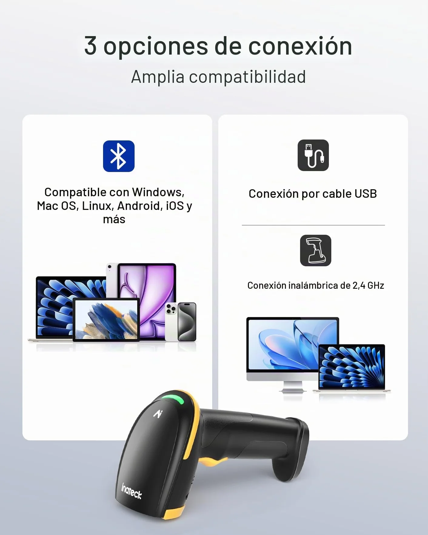 Inateck Escáner de Códigos de Barras Bluetooth 2D, Escáner QR Code 2D Inalámbrico con Batería de 2600 mAh y Base de Carga Inteligente, Escáner Portátil Compatible con AI, App, SDK, BCST-36
