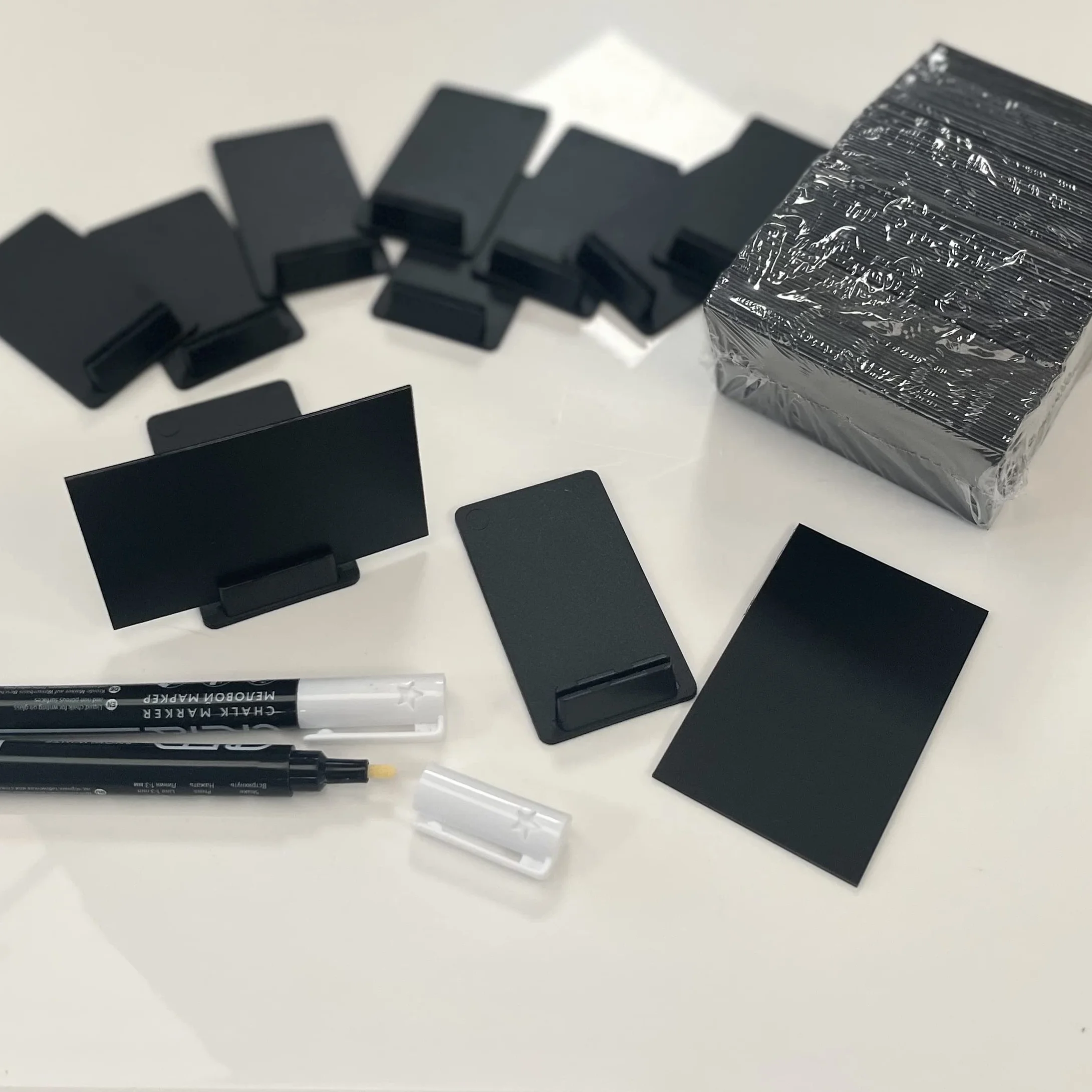 Tarjetas de precio Lote 100 + 100 soportes + 2 tizas, mini cuadros decorativos negros