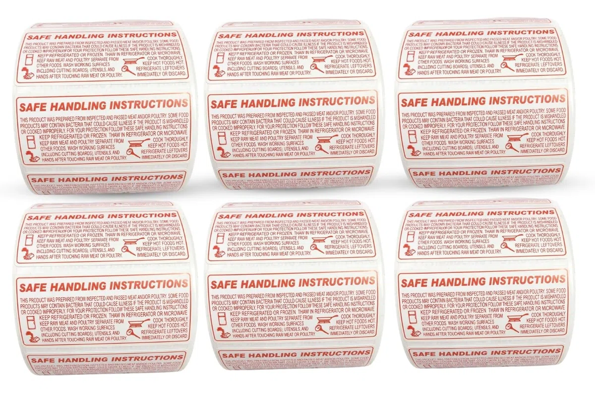Rollo de etiquetas de instrucciones de manejo seguro para alimentos, 1000 etiquetas. 2.25 x 1.15 pulgadas, fabricado en Estados Unidos (6 rollos)