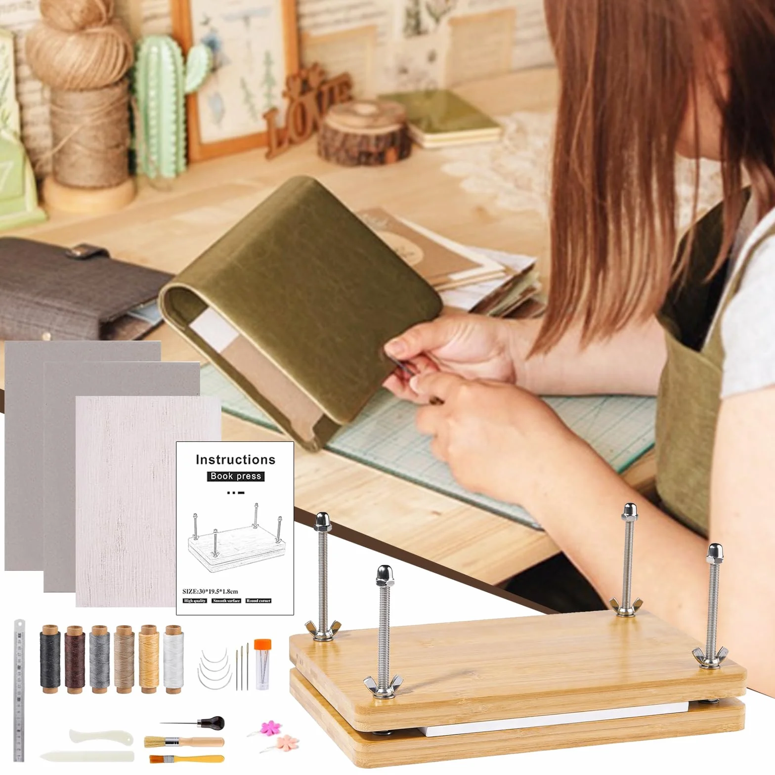 BonjumePrensa De Madera Para Libros, Juego De Encuadernación Multifuncional Para DIY Y Tapicería - 30 x 19,2 cm
