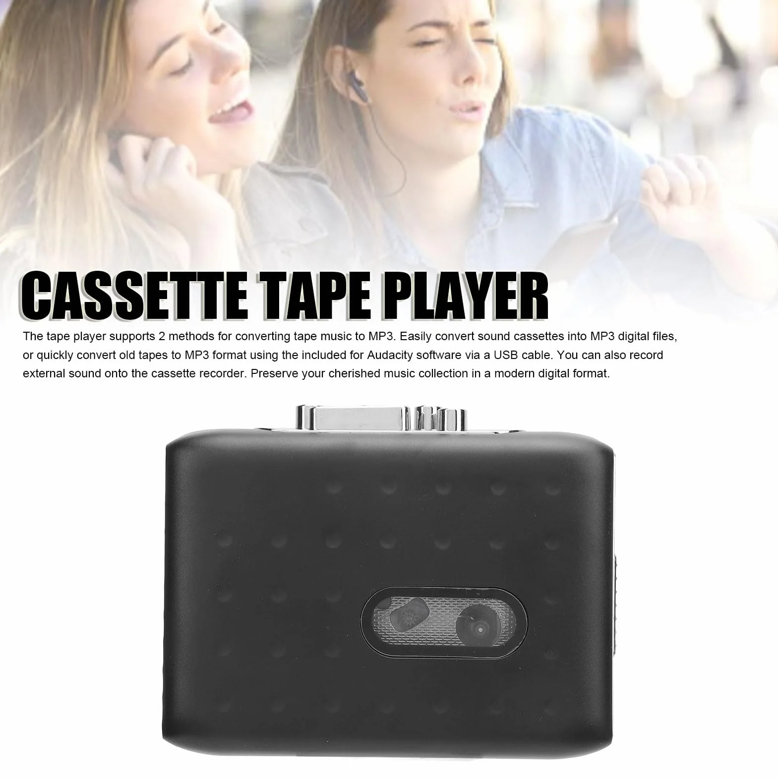 Przenośny odtwarzacz kaset USB-C konwerter MP3 z mikrofonem i słuchawkami Jack Czarny