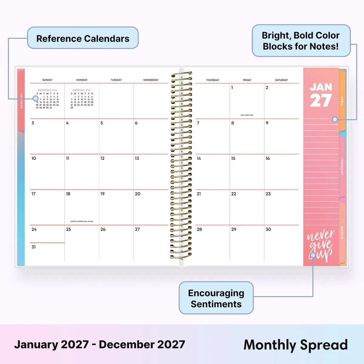 Blue Sky Livewell - Calendario diario y mensual 2027, enero de 2027 a diciembre de 2027, 7 x 9 pulgadas, cubierta flexible, encuadernación duradera de doble alambre, páginas coloridas, bolsillo de