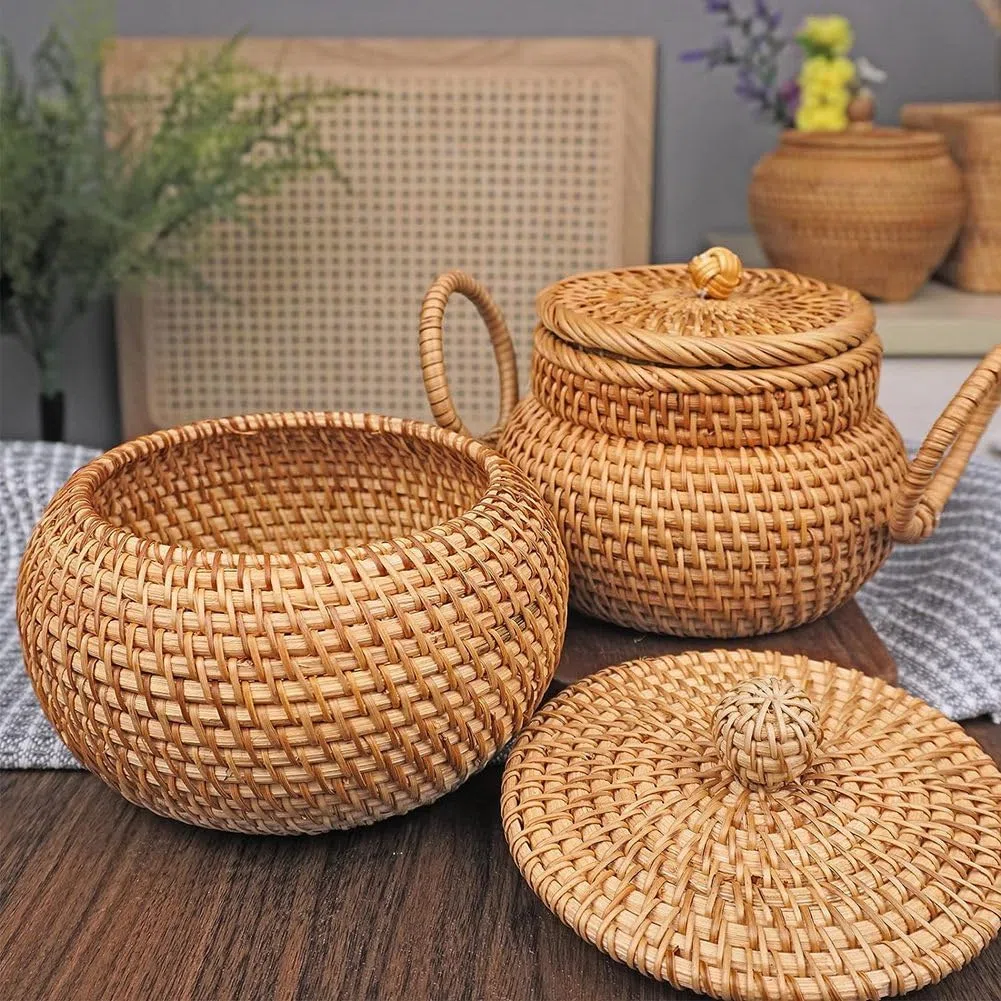 Cesta redonda de ratán con tapa, cesta de almacenamiento de ratán, para caramelos, agujas e hilo, llaves, monedas y objetos pequeños, organizador de joyas, cesta de aperitivos, organizador de