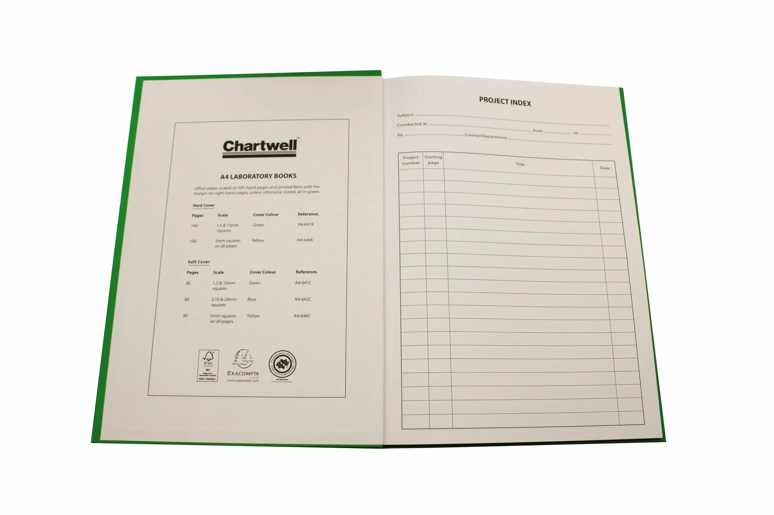 Chartwell Cahier de laboratoire rigide Couverture verte Format A4