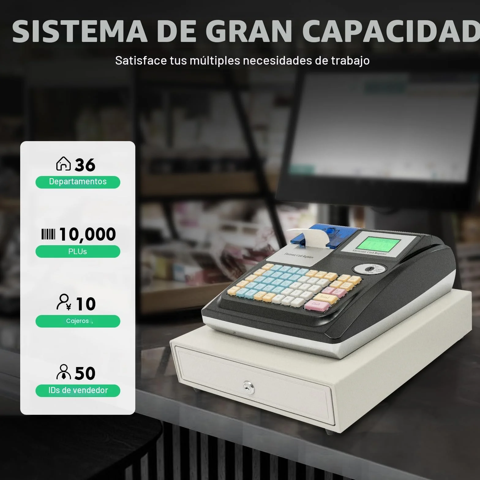 Caja registradora electrónica KumuJ Venta al por menor Sistema POS Cajón Sólido De Con 48 Teclas 40W Pantalla Digital Equipado para el Comercio, Caja registradora para Pequeñas Empresas