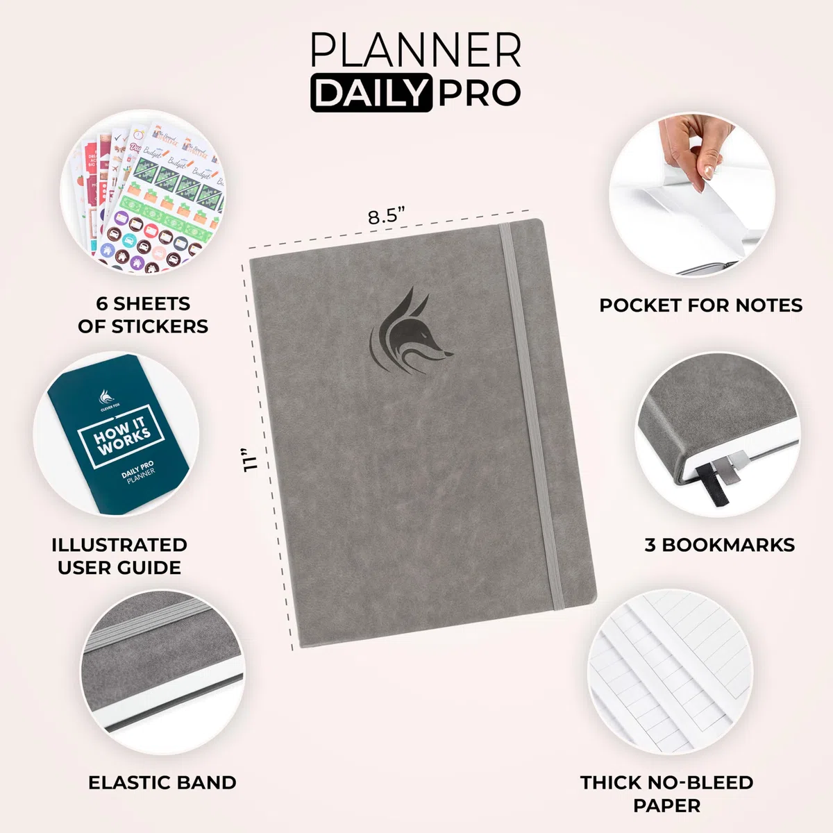 Clever Fox Planner Daily PRO - Agenda diaria y diario de gratitud para aumentar la productividad, gestión del tiempo y alcanzar tus objetivos, sin fecha, tamaño A4, 21,5 x 28 cm, dura 3 meses (gris)