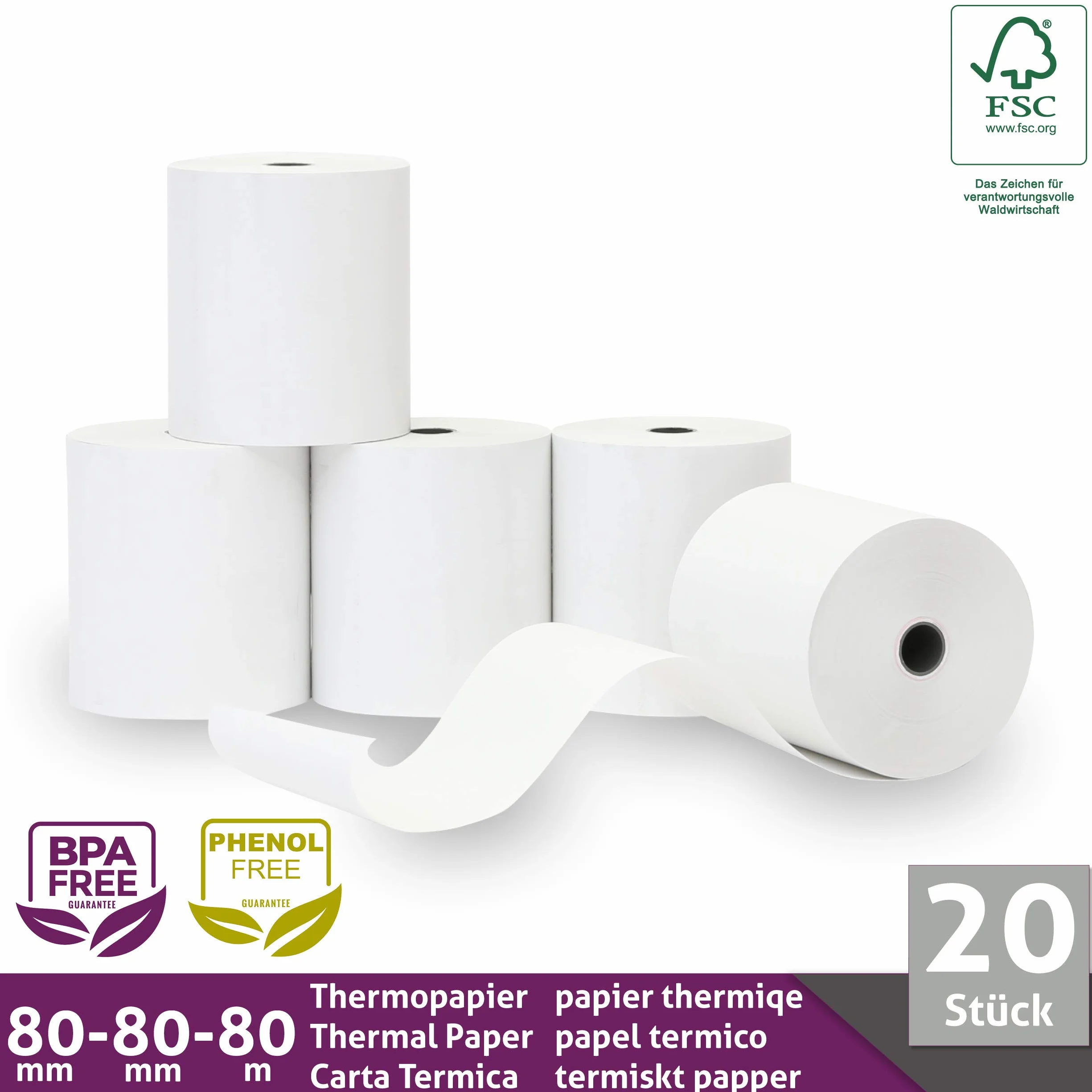 LYNNE - Rollos Papel Termico 80x80 para Impresora de Tickets - Para caja registradora con impresora de recibos - Papel impresora Termica 80x80x12 - Rollo Papel térmico 80mm x 80mm x 80m - [20x]