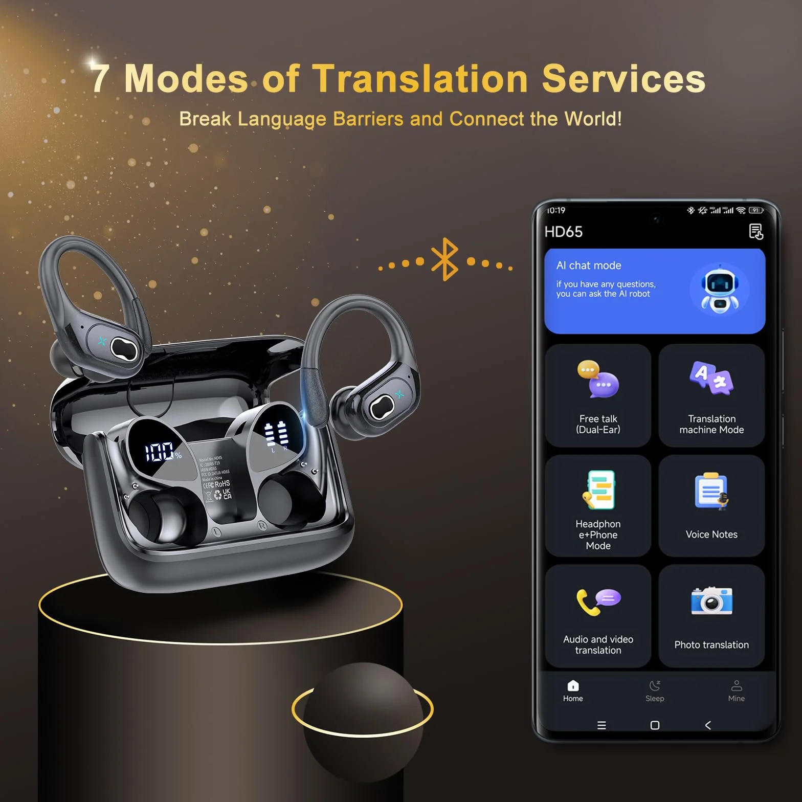 STECEi AI Auriculares Traductor en Tiempo Real(2026), 164 Idiomas y 6 Modos de Traducciónn con ENC y App con para Viajes/Negocios Negro Mate