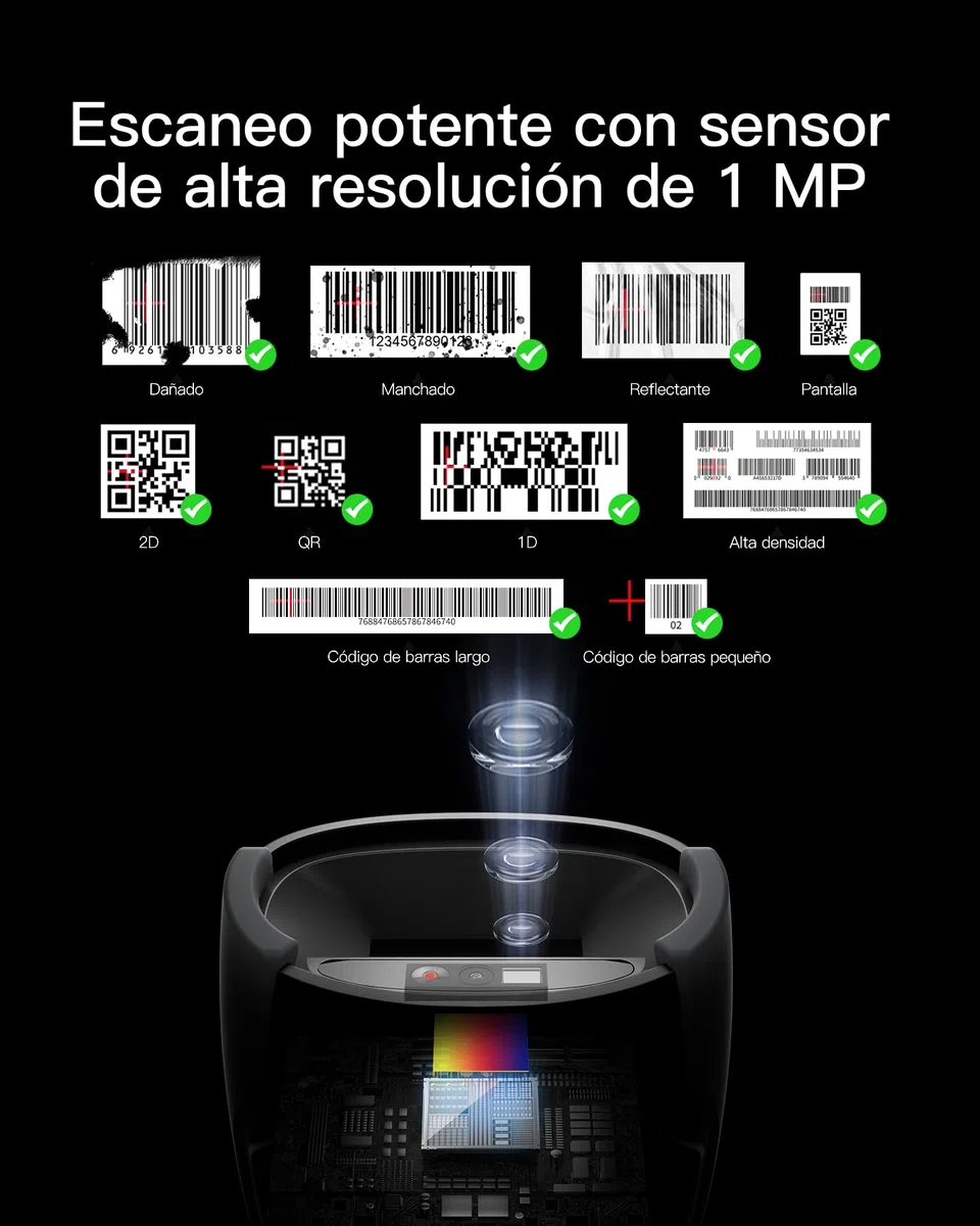 Inateck Lector de Códigos de Barras Inalámbrico 1D 2D QR PDF417, Alcachofa de Código de Barras con 2 Baterías Reemplazables de 2000 mAh, Compatible con Android e iOS, para Almacenamiento y Logística