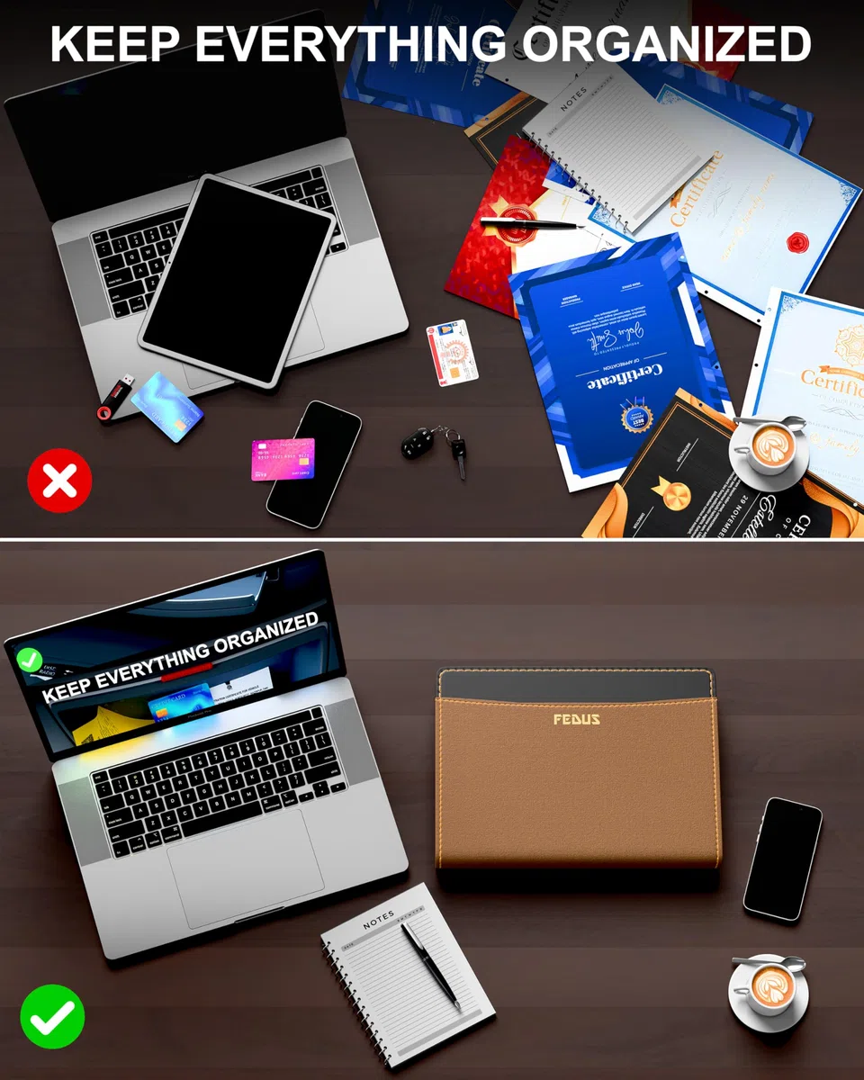 FEDUS Archivos para documentos, 20 hojas, tamaño folio (más grande que el tamaño A4), 4 anillas con asa oculta, multiusos, de piel sintética, carpeta profesional ejecutiva para certificados