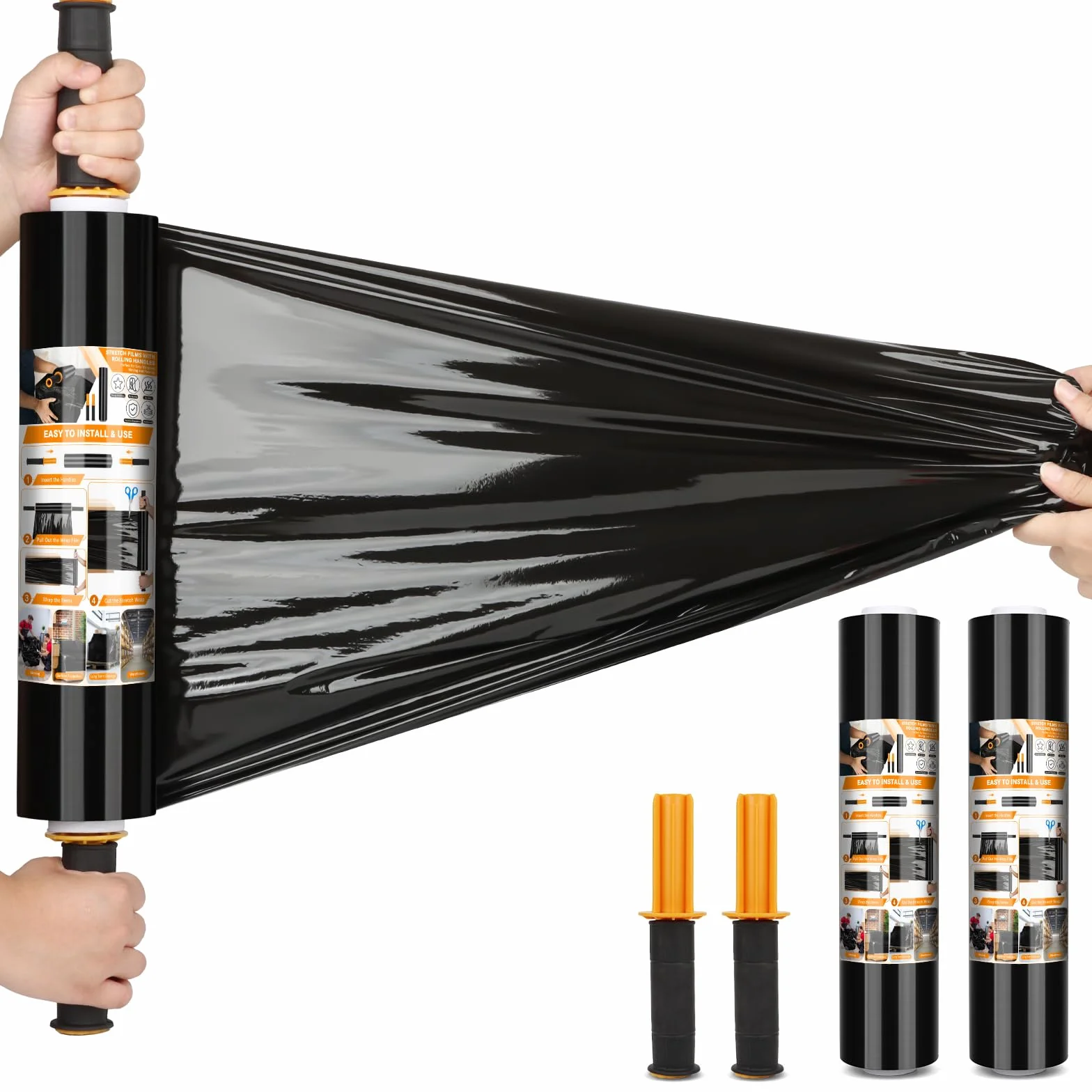 Film para Embala, 20 Micras Resistencia Industrial de Estiramiento Con Asas Rollos de Plastico Embalaje Film para Embalaje Industrial y Envoltura Mudanza(Negro/38cm x 300m, 2 Rollo)
