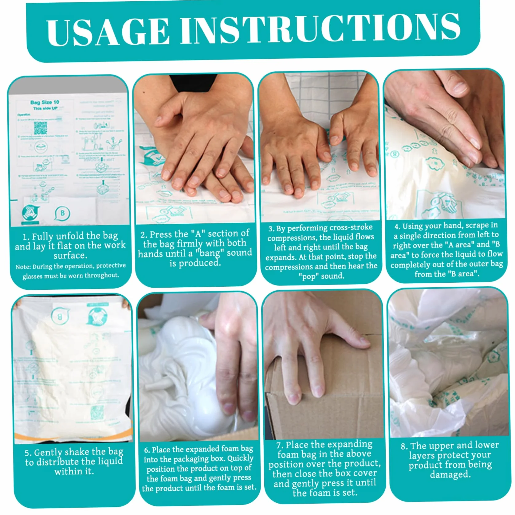 Bolsas de embalaje de espuma expandible 8 piezas de espuma de embalaje de absorción de impactos paquete instantáneo rell