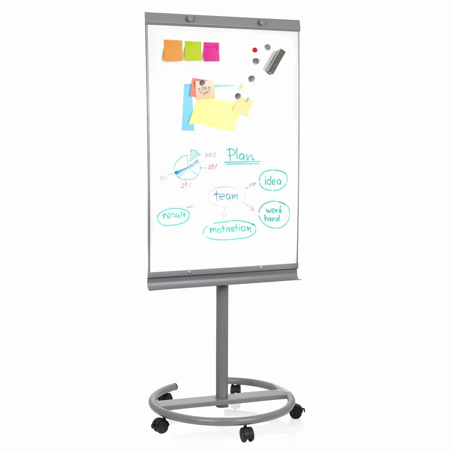 MULTIBOARD Pizarra magnética con caballete móvil y rotafolios 93,5 x 63 cm, altura regulable