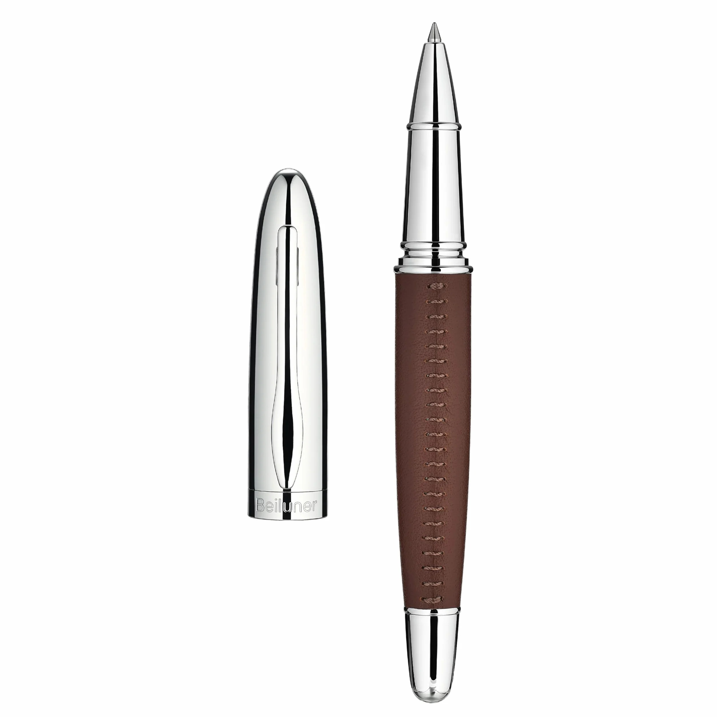 BEILUNER 318 Bolígrafo Roller de Lujo en Piel, Pelle Premium Cosida a Mano & Acabado Cromado, Recambio Schmidt, Mejor Set de Regalo Ejecutivo para Hombre y Mujer, Pluma Rellenable - Marrón
